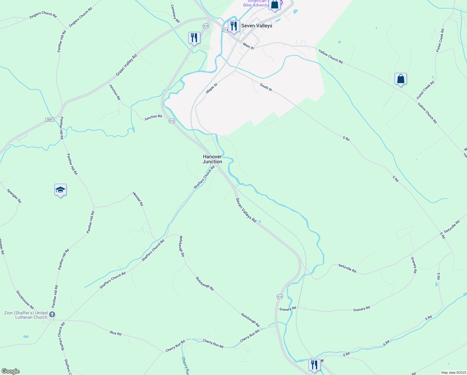 map of restaurants, bars, coffee shops, grocery stores, and more near Pennsylvania 616 in York County