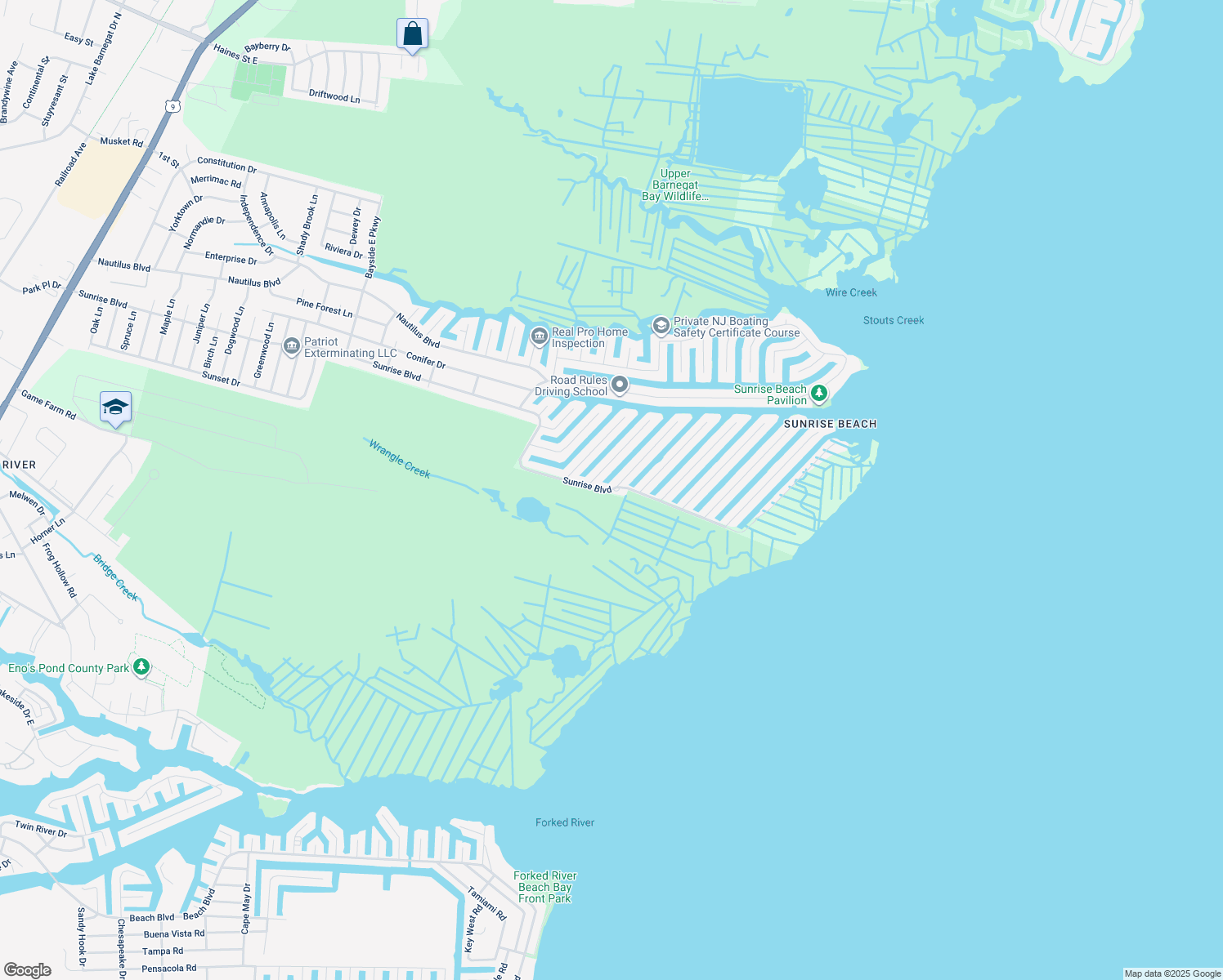 map of restaurants, bars, coffee shops, grocery stores, and more near 857 Sunrise Boulevard in Forked River
