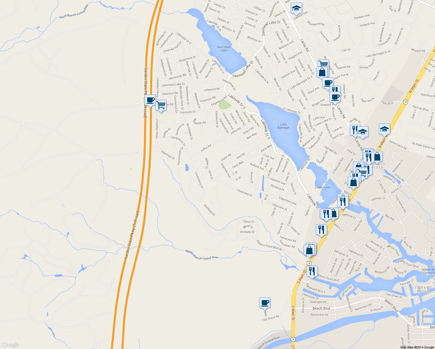 map of restaurants, bars, coffee shops, grocery stores, and more near 1488 Earie Way in Forked River