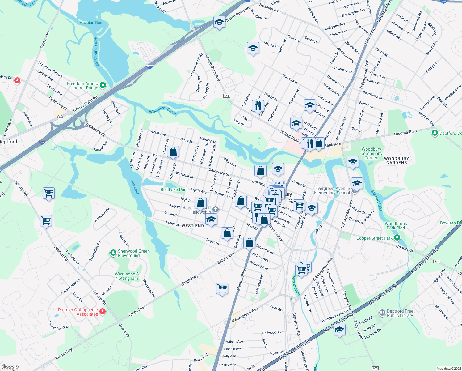 map of restaurants, bars, coffee shops, grocery stores, and more near 38 South Davis Street in Woodbury