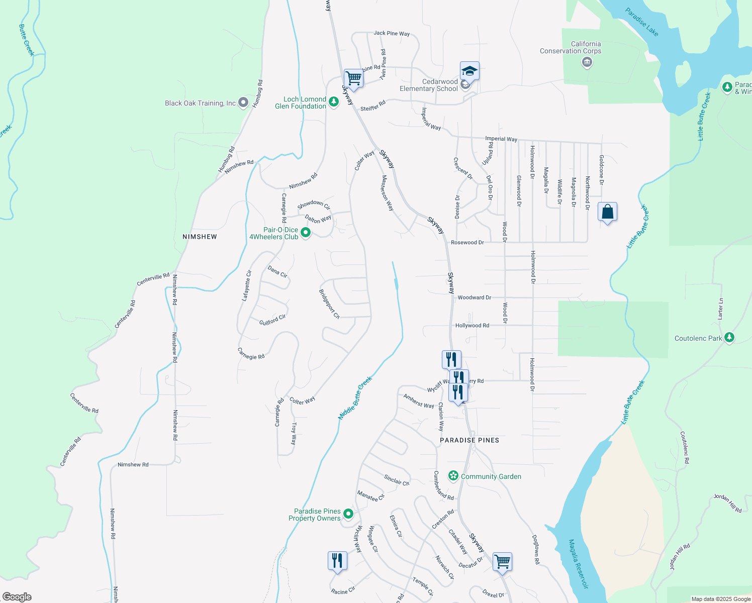 map of restaurants, bars, coffee shops, grocery stores, and more near 14618 Colter Way in Magalia