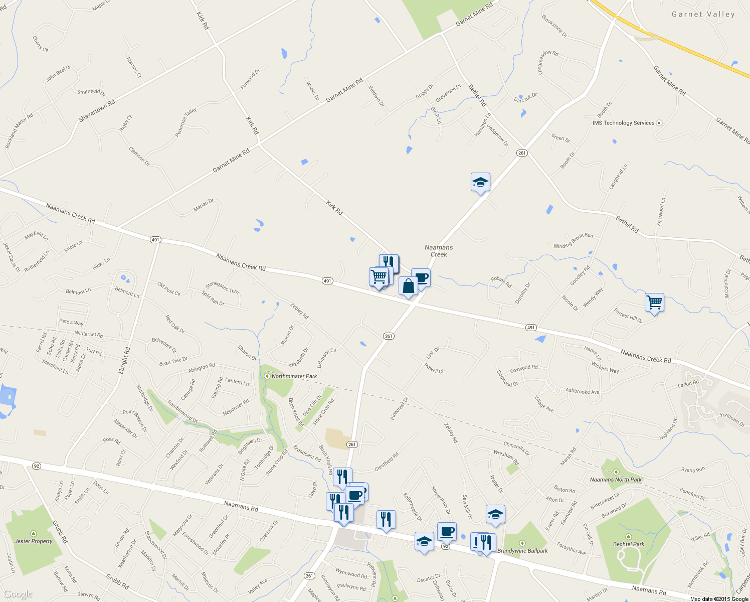 map of restaurants, bars, coffee shops, grocery stores, and more near 1359 Naamans Creek Road in Garnet Valley