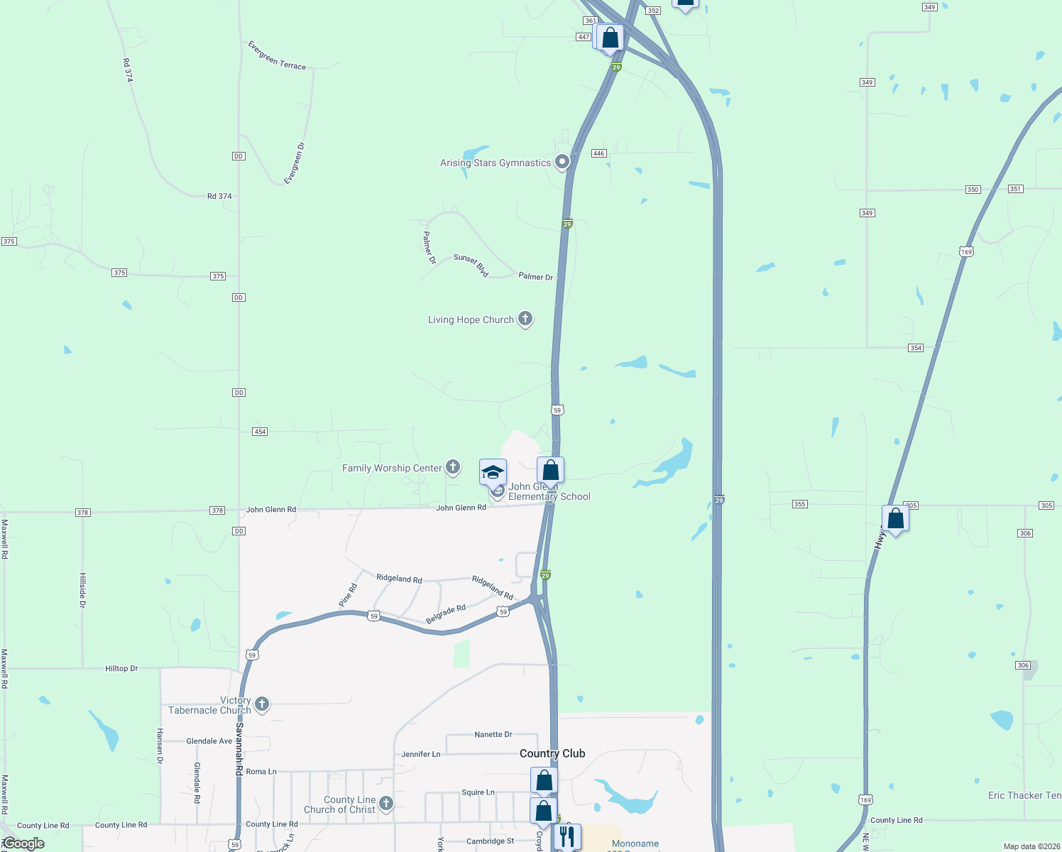 map of restaurants, bars, coffee shops, grocery stores, and more near 19798 U.S. 59 in Country Club
