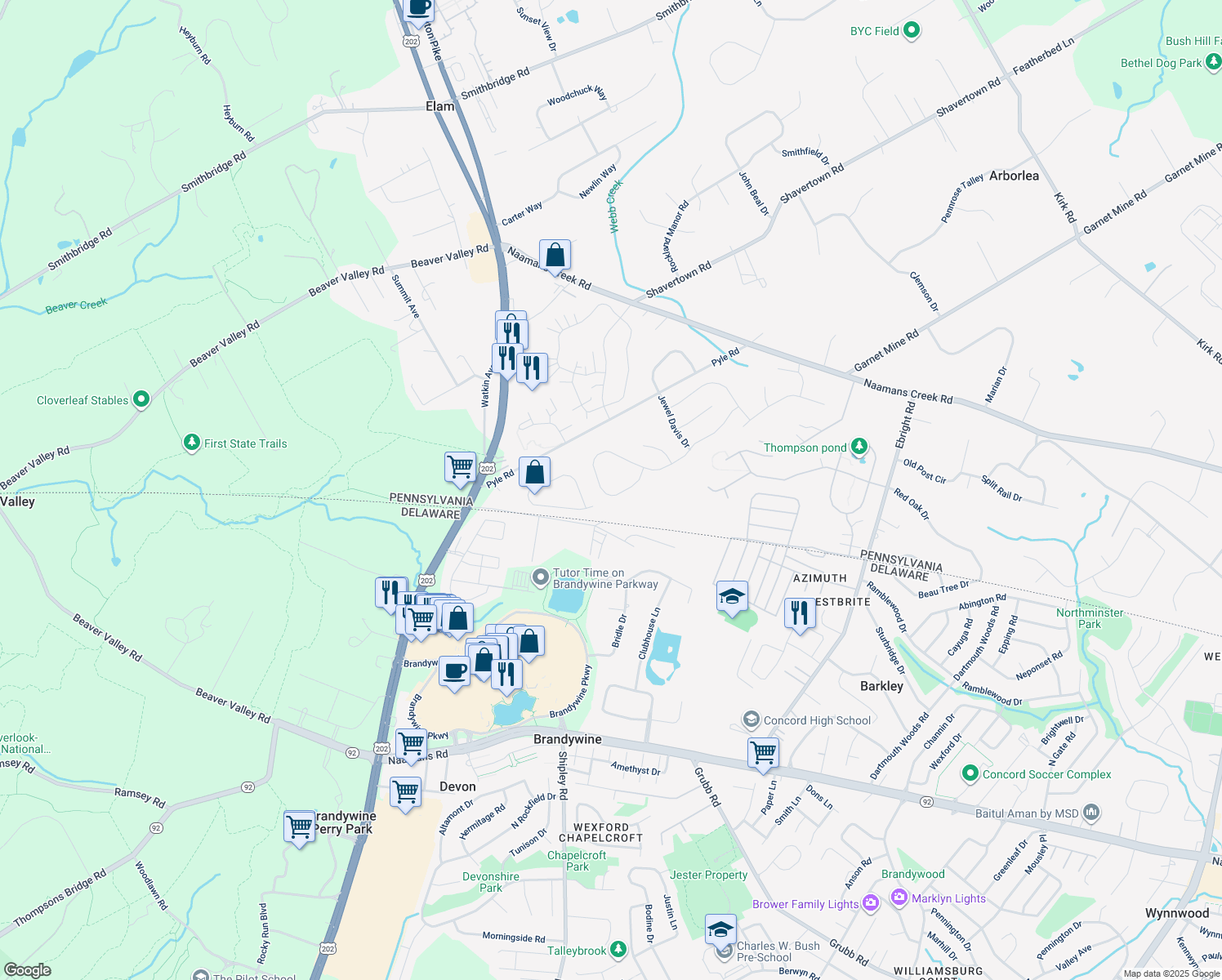 map of restaurants, bars, coffee shops, grocery stores, and more near 3831 Rotherfield Lane in Chadds Ford