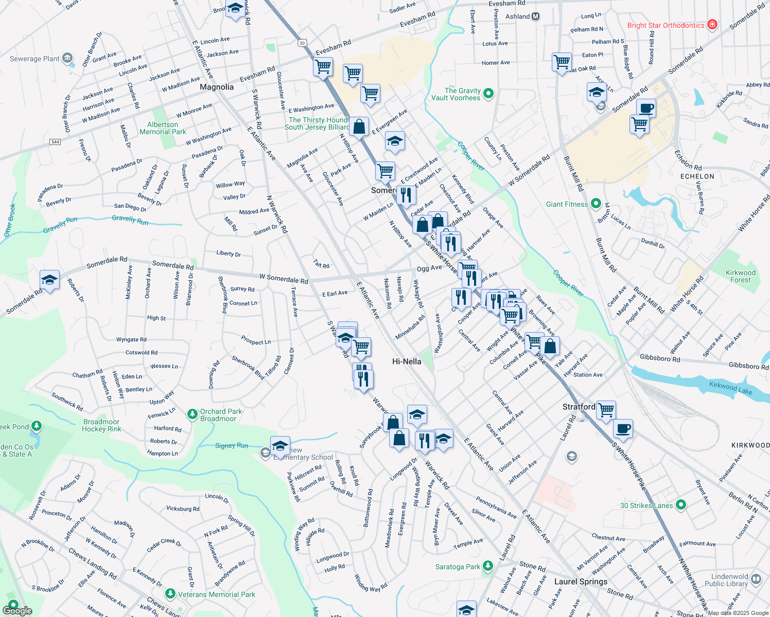 map of restaurants, bars, coffee shops, grocery stores, and more near 67 Minnetonka Road in Somerdale