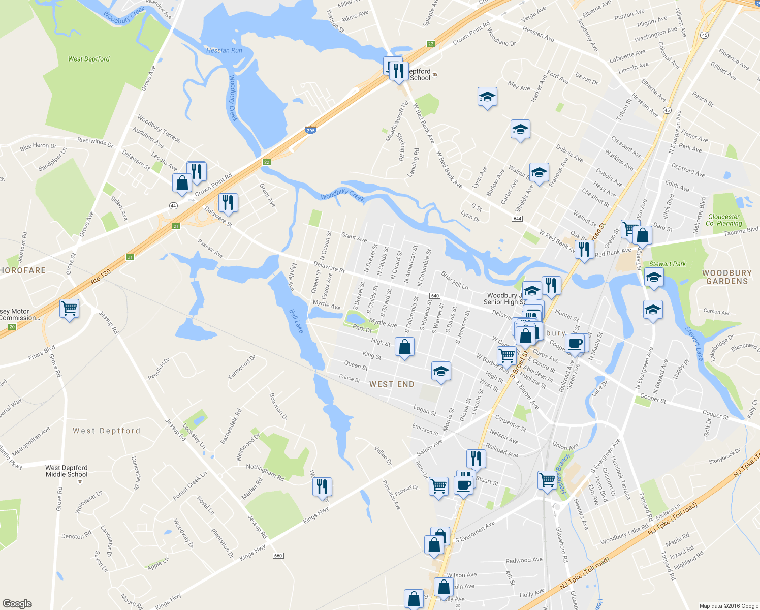 map of restaurants, bars, coffee shops, grocery stores, and more near 509 West Centre Street in Woodbury