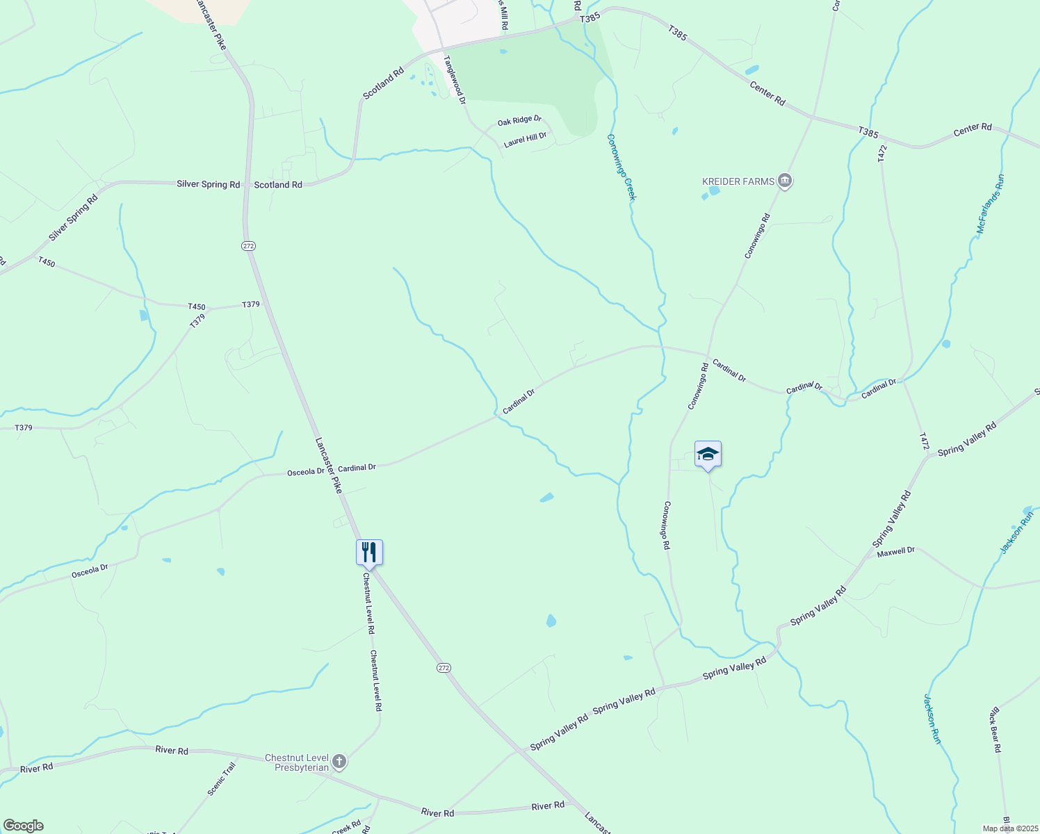 map of restaurants, bars, coffee shops, grocery stores, and more near 127 Cardinal Drive in Quarryville