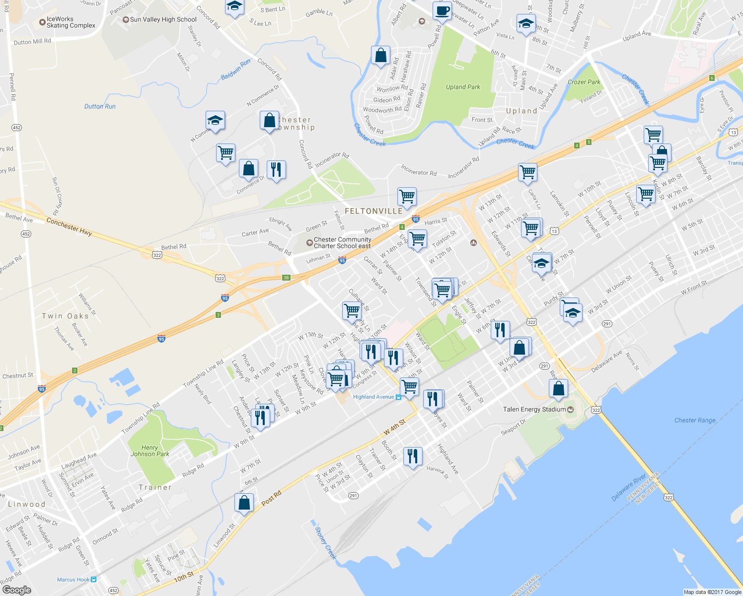 map of restaurants, bars, coffee shops, grocery stores, and more near 2612 Boyle Street in Chester