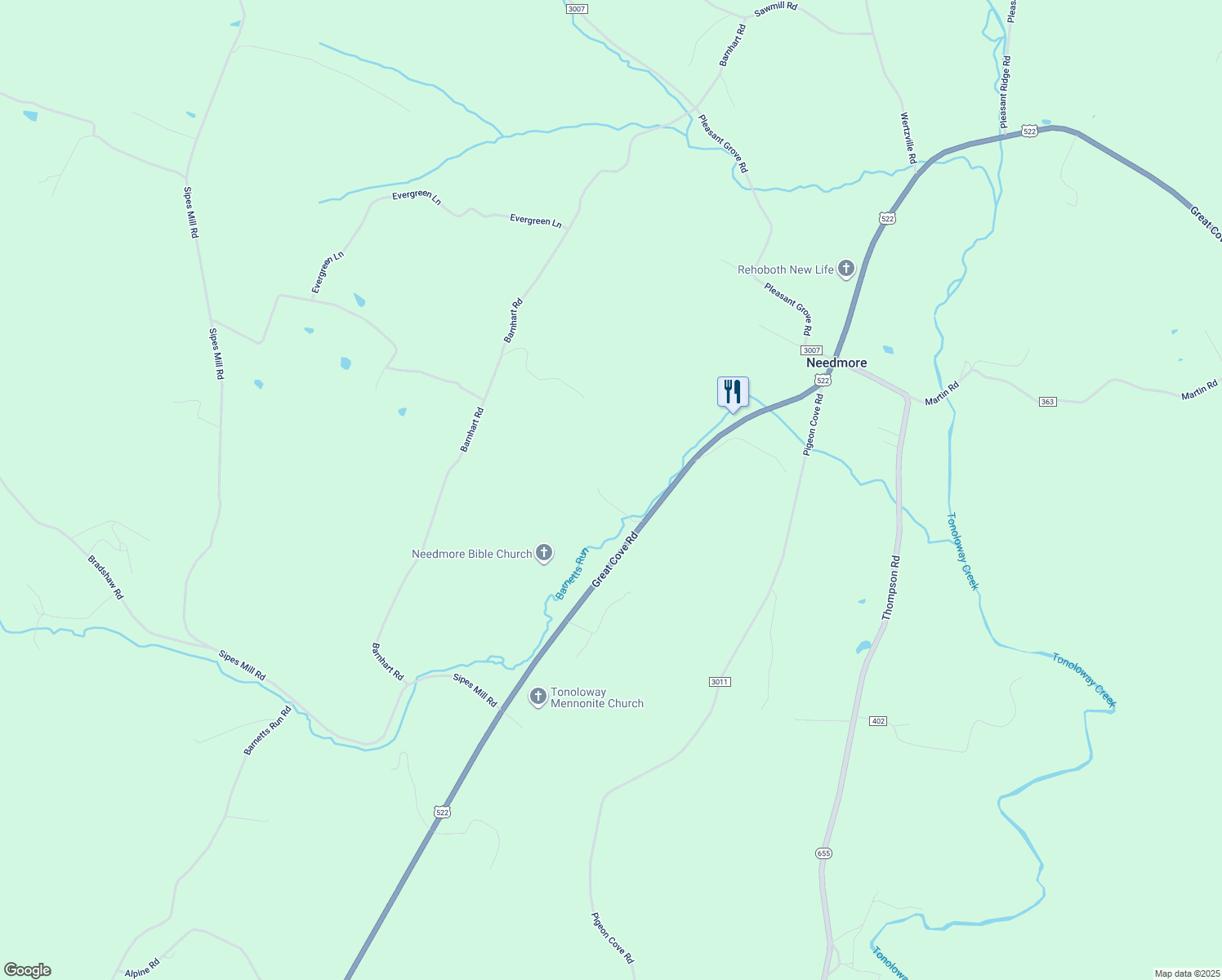 map of restaurants, bars, coffee shops, grocery stores, and more near 7191 Great Cove Road in Needmore