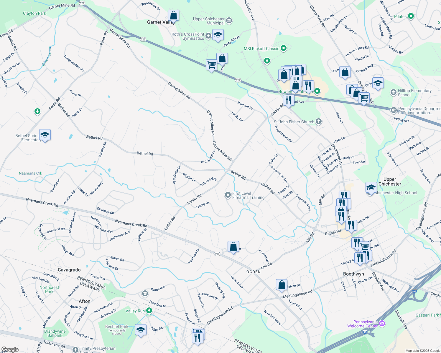 map of restaurants, bars, coffee shops, grocery stores, and more near 2240 Larkin Road in Boothwyn