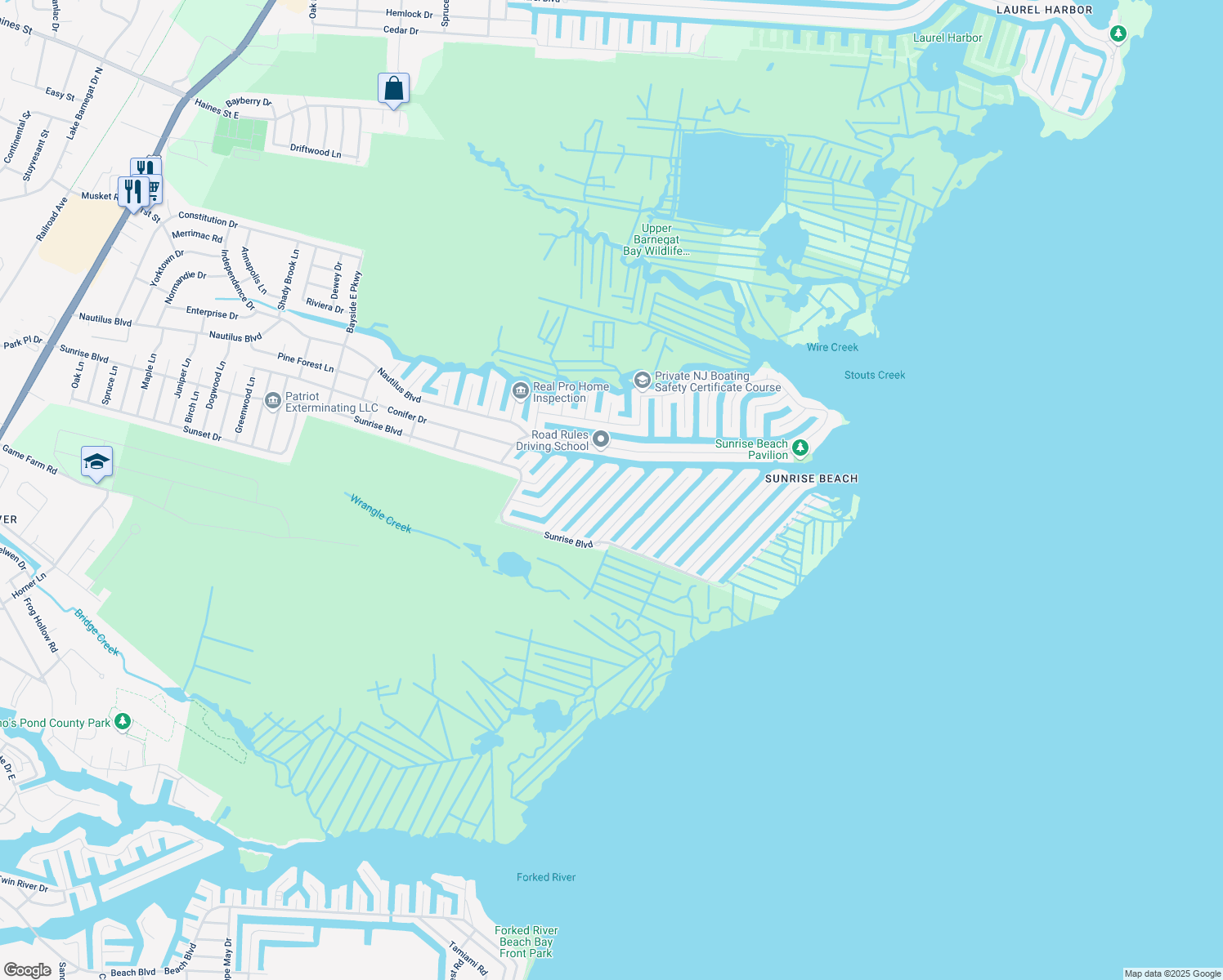 map of restaurants, bars, coffee shops, grocery stores, and more near 813 Tiller Drive in Lacey Township