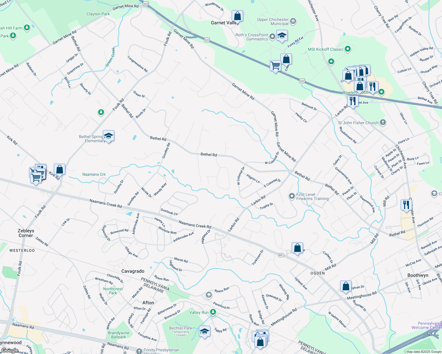 map of restaurants, bars, coffee shops, grocery stores, and more near 3214 Charles Griffin Drive in Garnet Valley