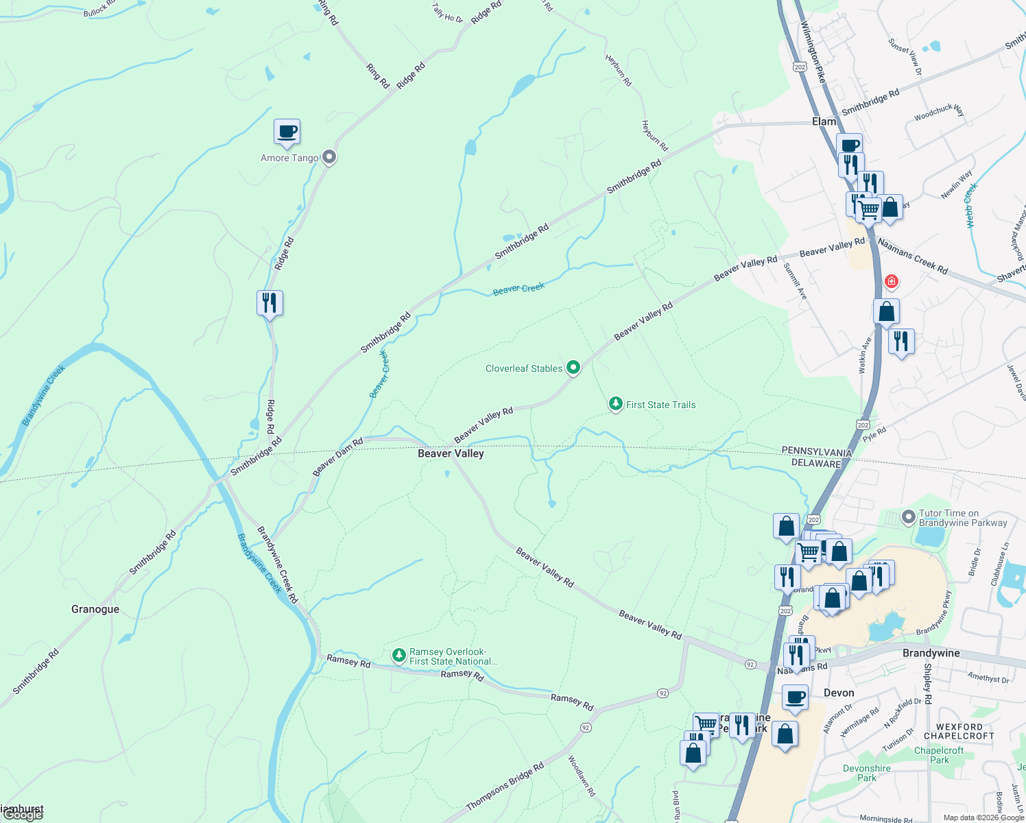 map of restaurants, bars, coffee shops, grocery stores, and more near 138 Beaver Valley Road in Chadds Ford