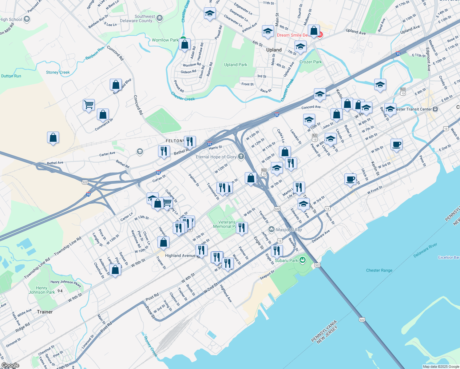 map of restaurants, bars, coffee shops, grocery stores, and more near 2102 West 10th Street in Chester