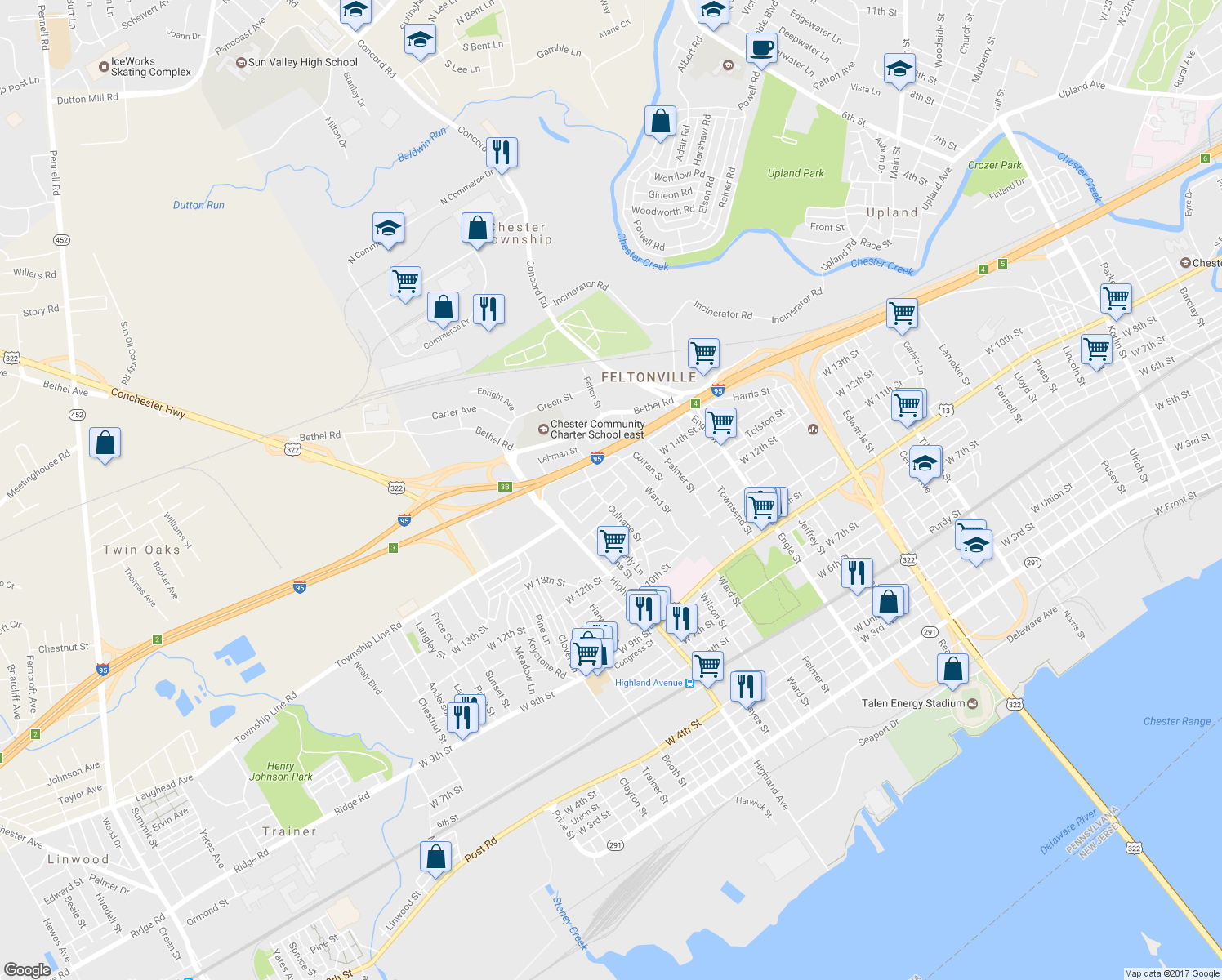 map of restaurants, bars, coffee shops, grocery stores, and more near 2609 Kane Street in Chester