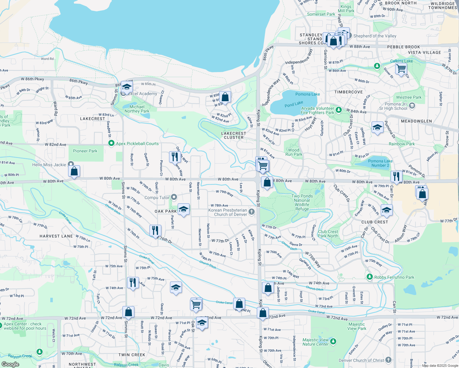 map of restaurants, bars, coffee shops, grocery stores, and more near 10260 West 80th Avenue in Arvada