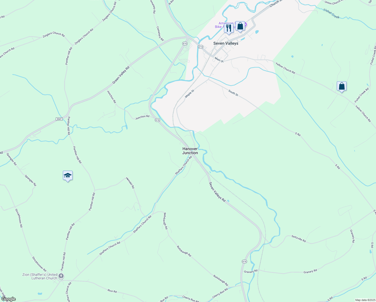 map of restaurants, bars, coffee shops, grocery stores, and more near 2476 Seven Valleys Road in Seven Valleys