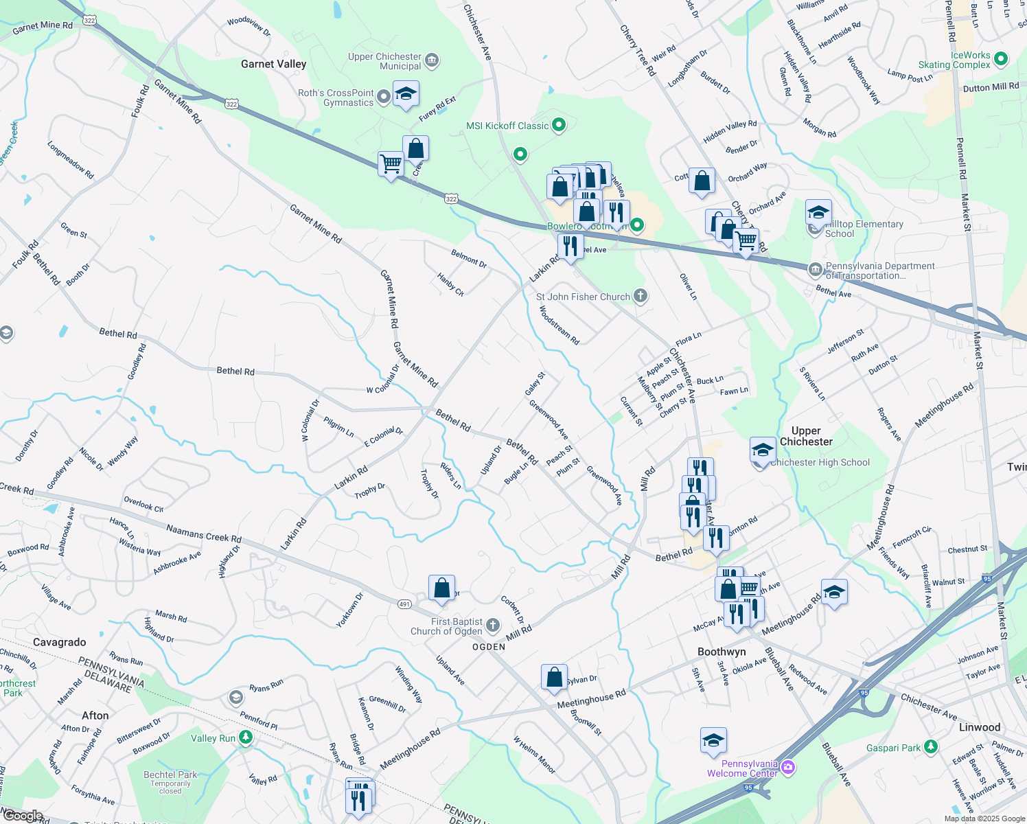 map of restaurants, bars, coffee shops, grocery stores, and more near 1809 Galey Street in Boothwyn