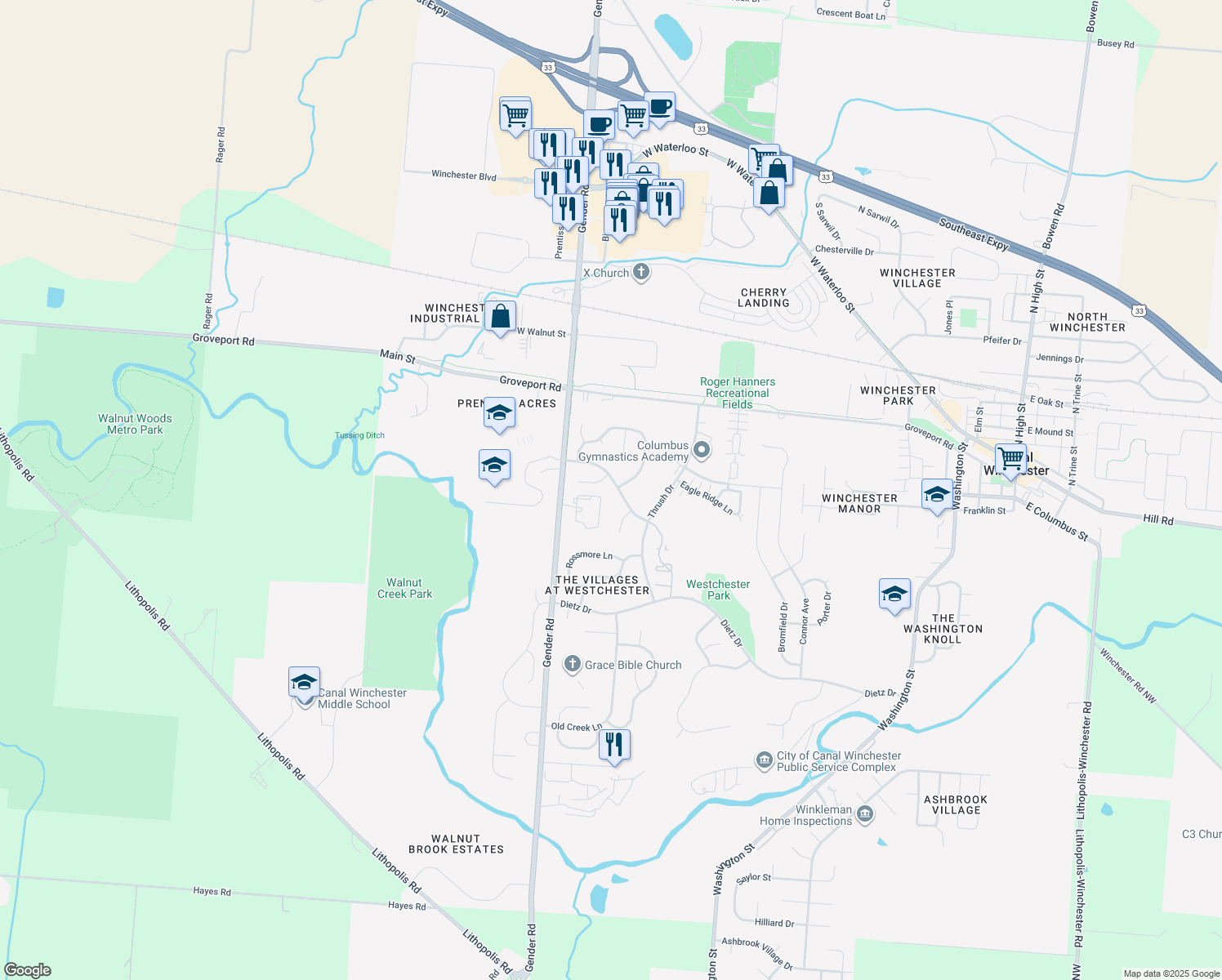 map of restaurants, bars, coffee shops, grocery stores, and more near 6475 Fox Hill Dr in Canal Winchester