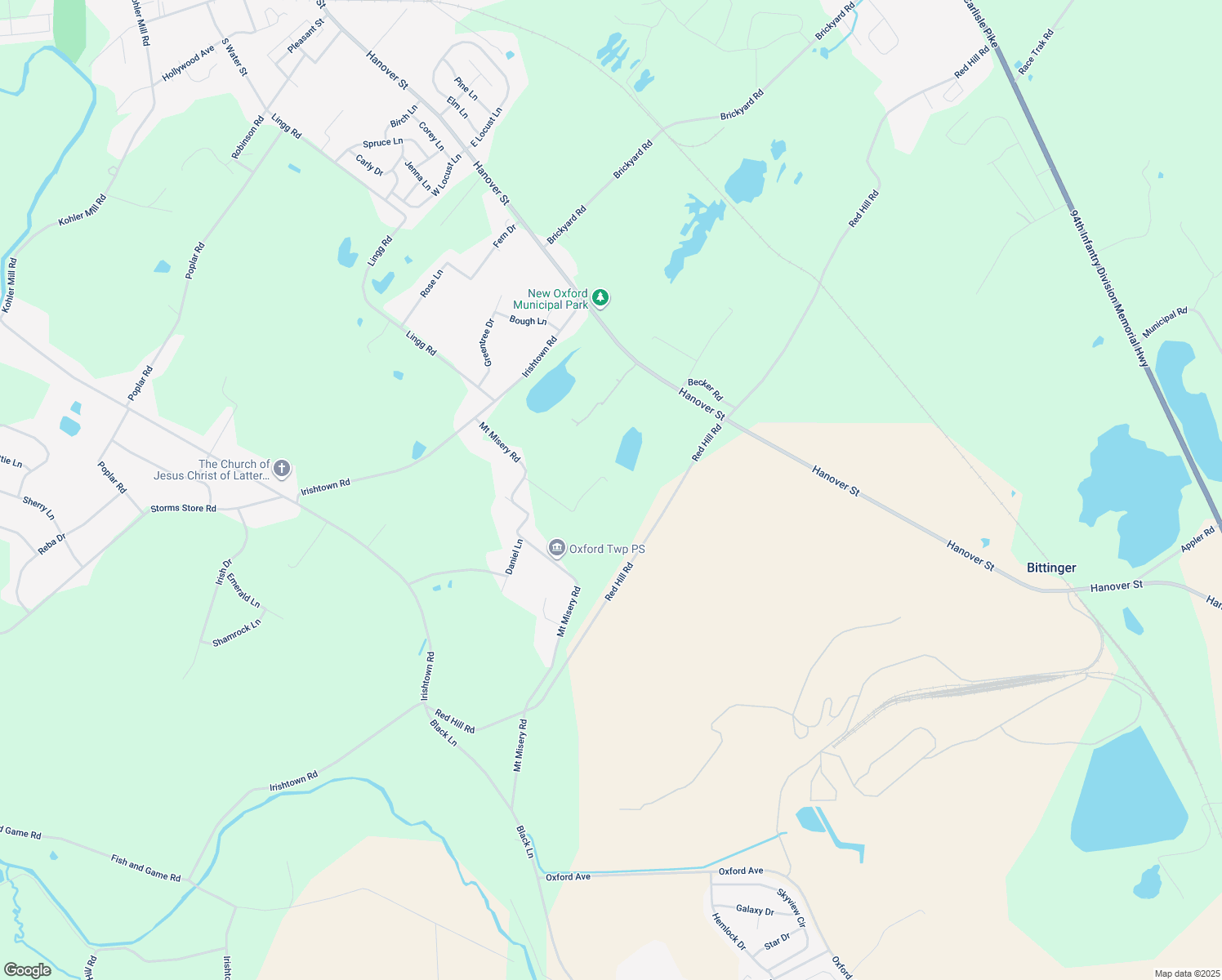 map of restaurants, bars, coffee shops, grocery stores, and more near 555 Mount Misery Road in New Oxford