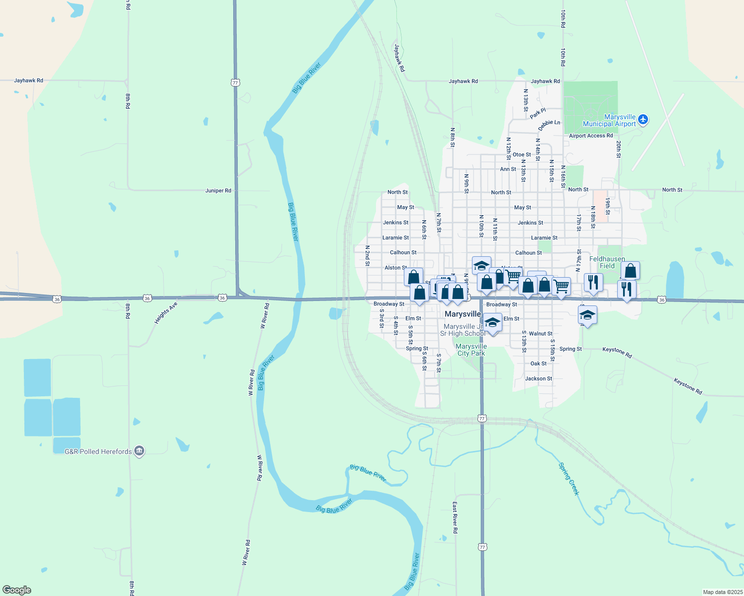 map of restaurants, bars, coffee shops, grocery stores, and more near 105 Center Street in Marysville
