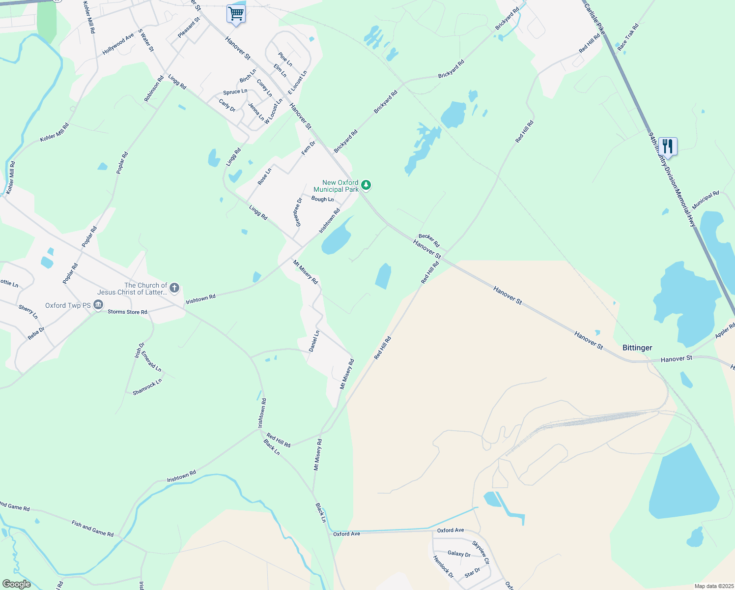 map of restaurants, bars, coffee shops, grocery stores, and more near 555 Mount Misery Road in New Oxford