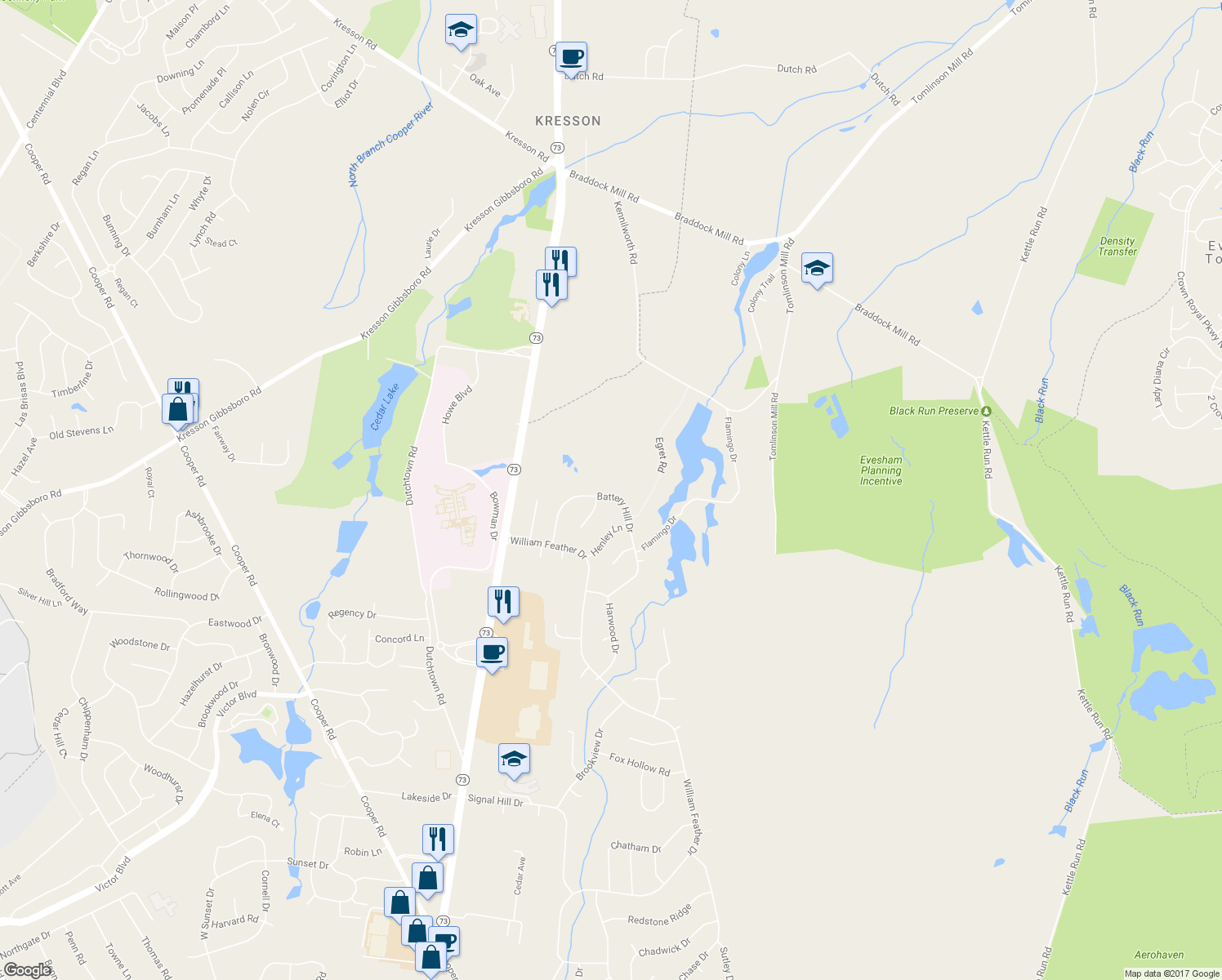 map of restaurants, bars, coffee shops, grocery stores, and more near 32 Battery Hill Drive in Voorhees Township