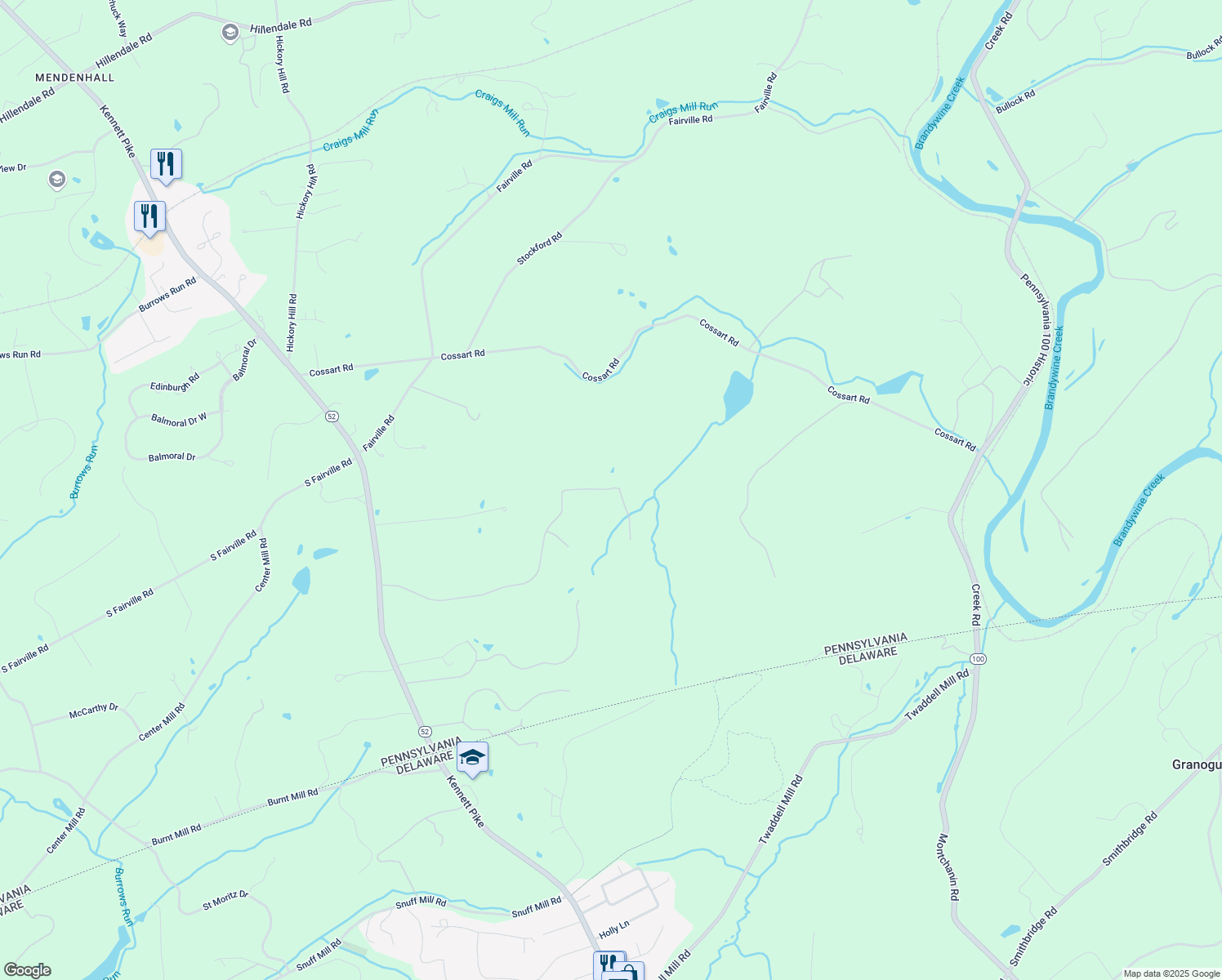 map of restaurants, bars, coffee shops, grocery stores, and more near 108 Sparrow Hawk Lane in Chadds Ford