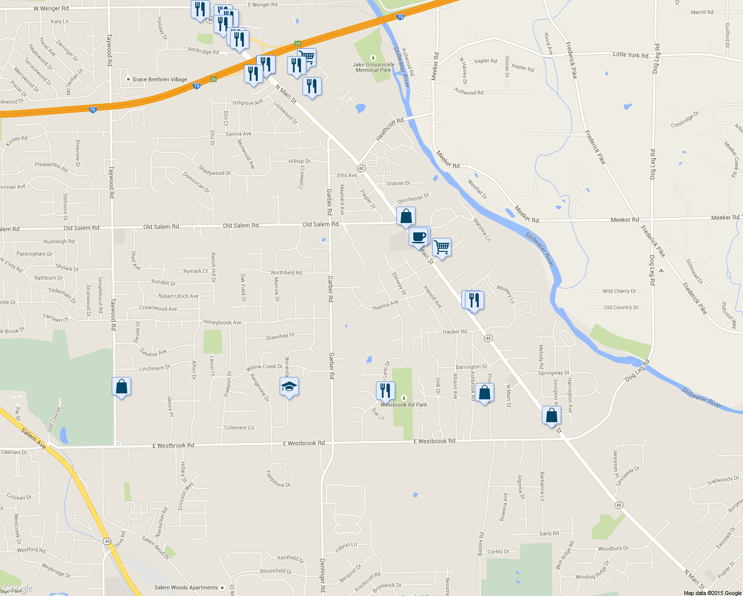 map of restaurants, bars, coffee shops, grocery stores, and more near 312 Cheryl Ct in Dayton