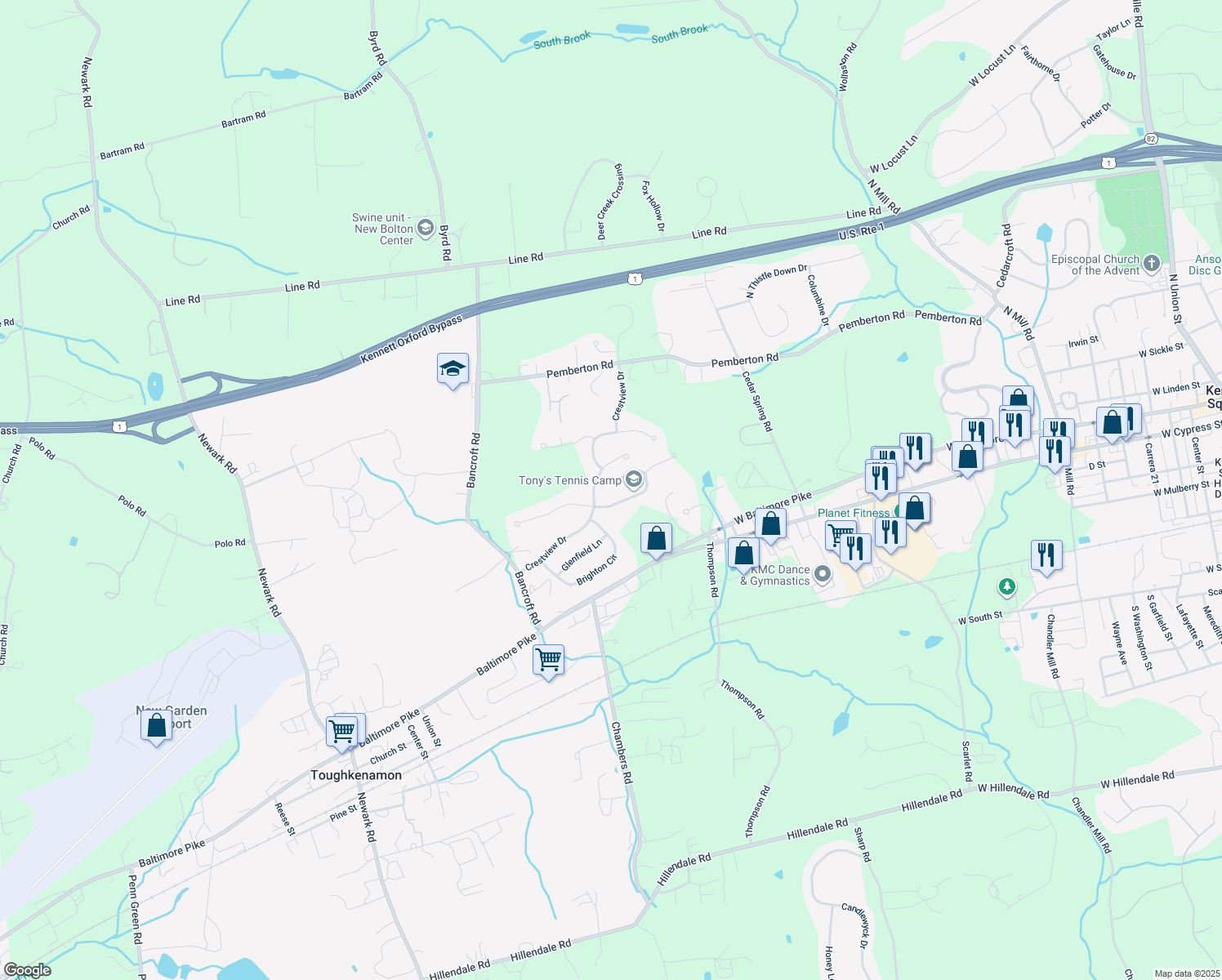 map of restaurants, bars, coffee shops, grocery stores, and more near 521 Hawthorne Lane in Kennett Square