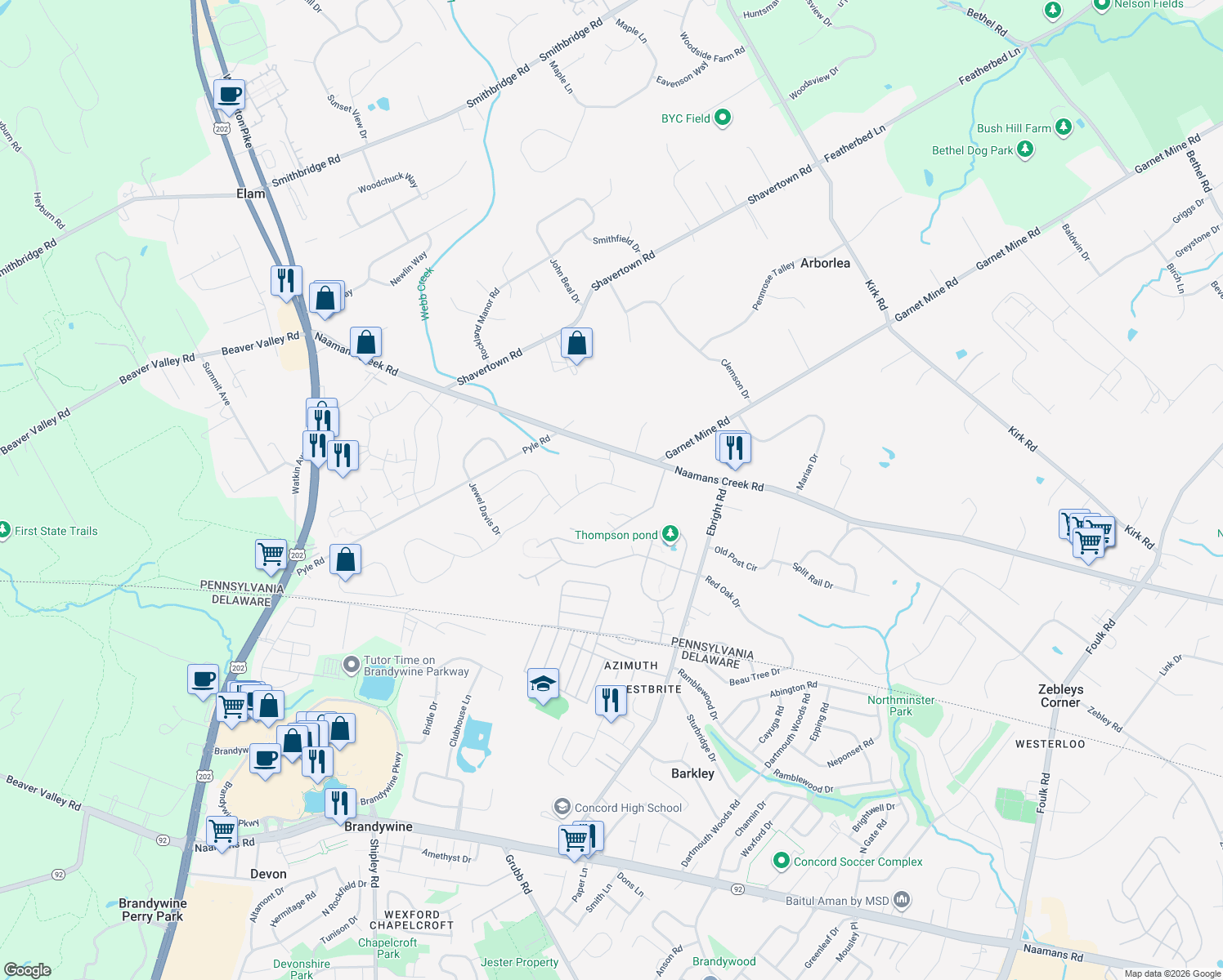 map of restaurants, bars, coffee shops, grocery stores, and more near 3744 Knole Lane in Chadds Ford