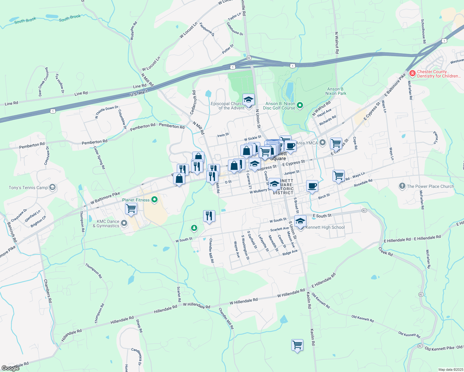 map of restaurants, bars, coffee shops, grocery stores, and more near 523 Magnolia Street in Kennett Square