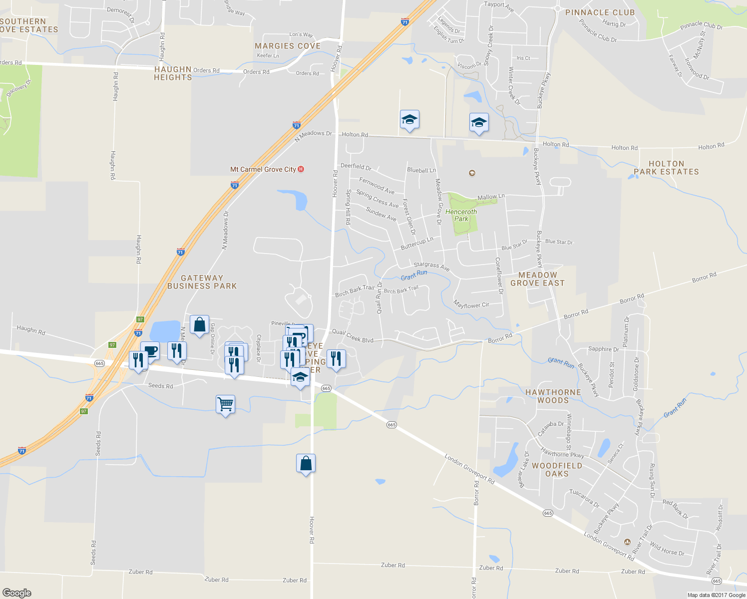 map of restaurants, bars, coffee shops, grocery stores, and more near 5779 Quail Run Drive in Grove City