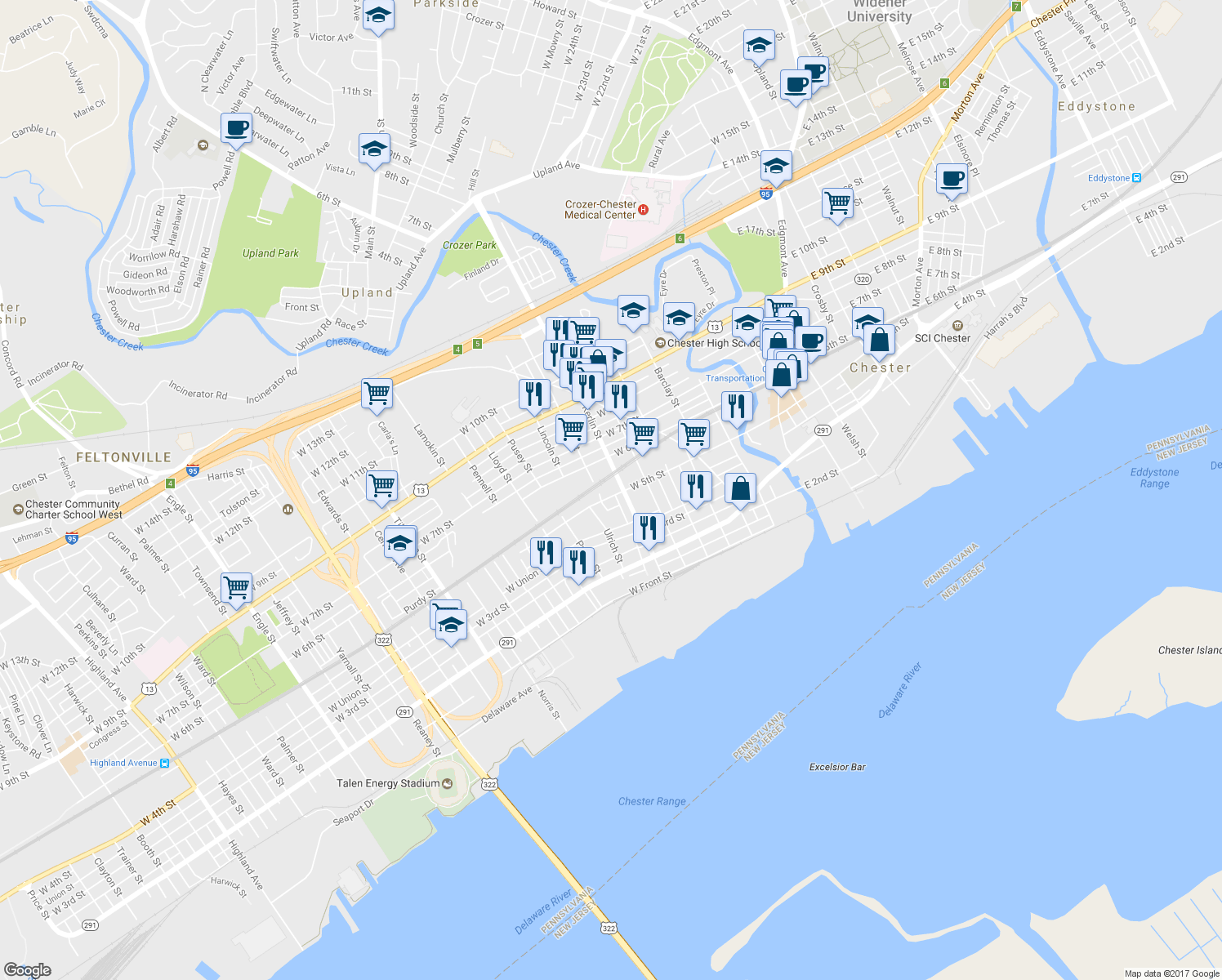 map of restaurants, bars, coffee shops, grocery stores, and more near 714 West 5th Street in Chester