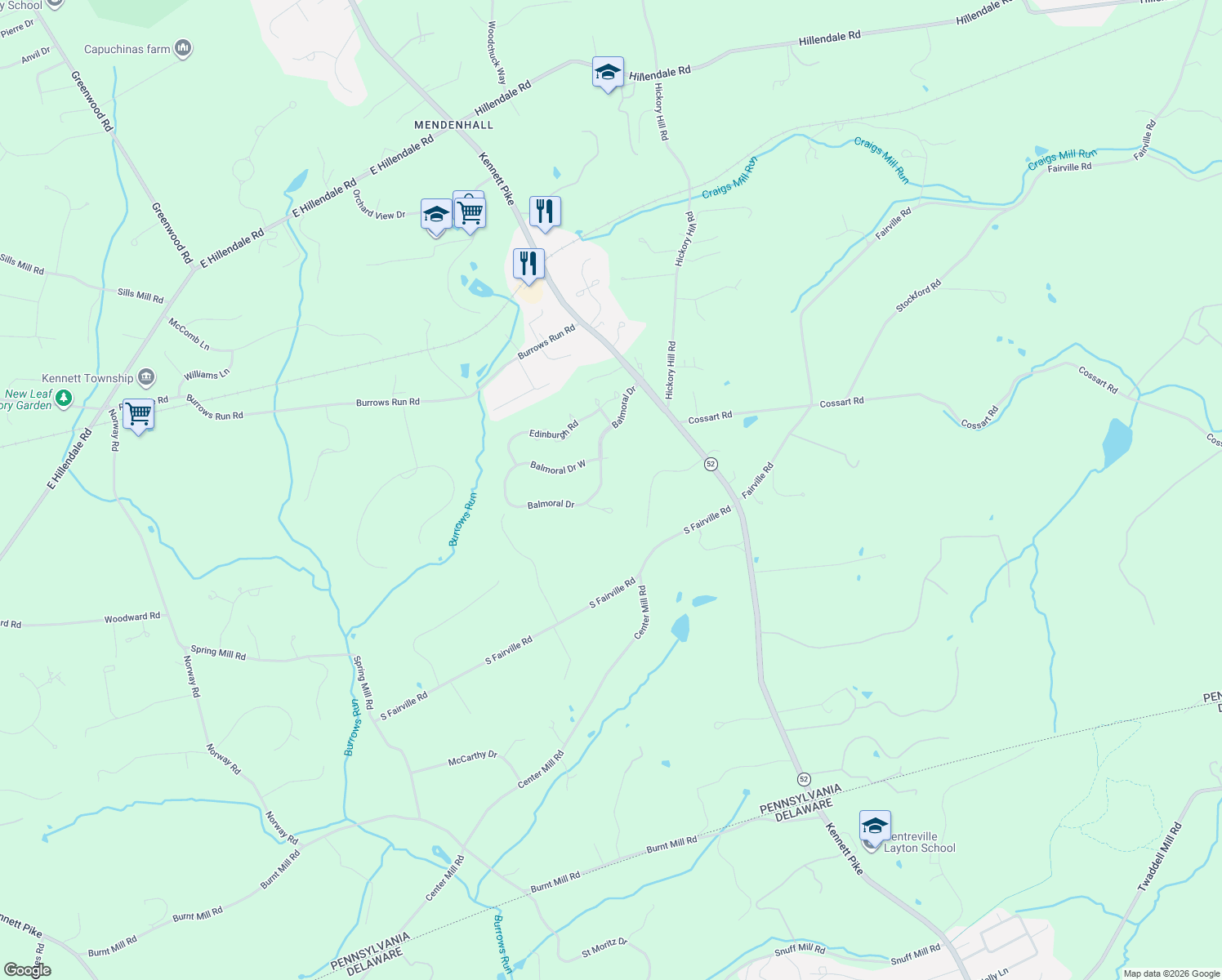 map of restaurants, bars, coffee shops, grocery stores, and more near 66 Balmoral Drive in Chadds Ford