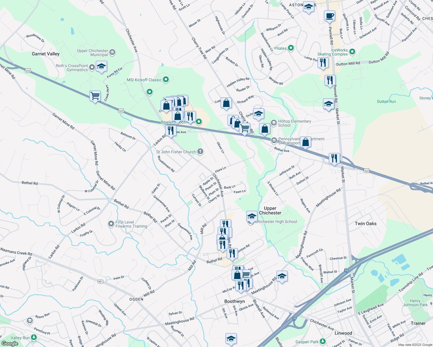 map of restaurants, bars, coffee shops, grocery stores, and more near 4105 Chichester Avenue in Upper Chichester