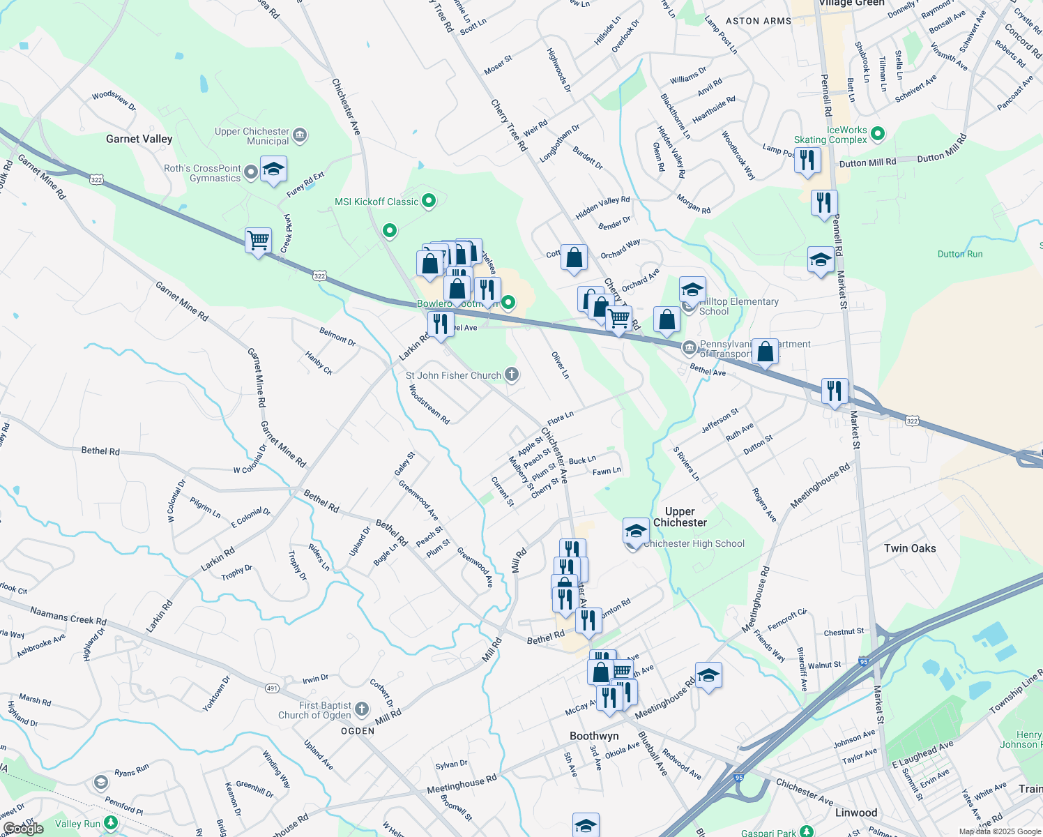 map of restaurants, bars, coffee shops, grocery stores, and more near 4130 Chichester Avenue in Upper Chichester