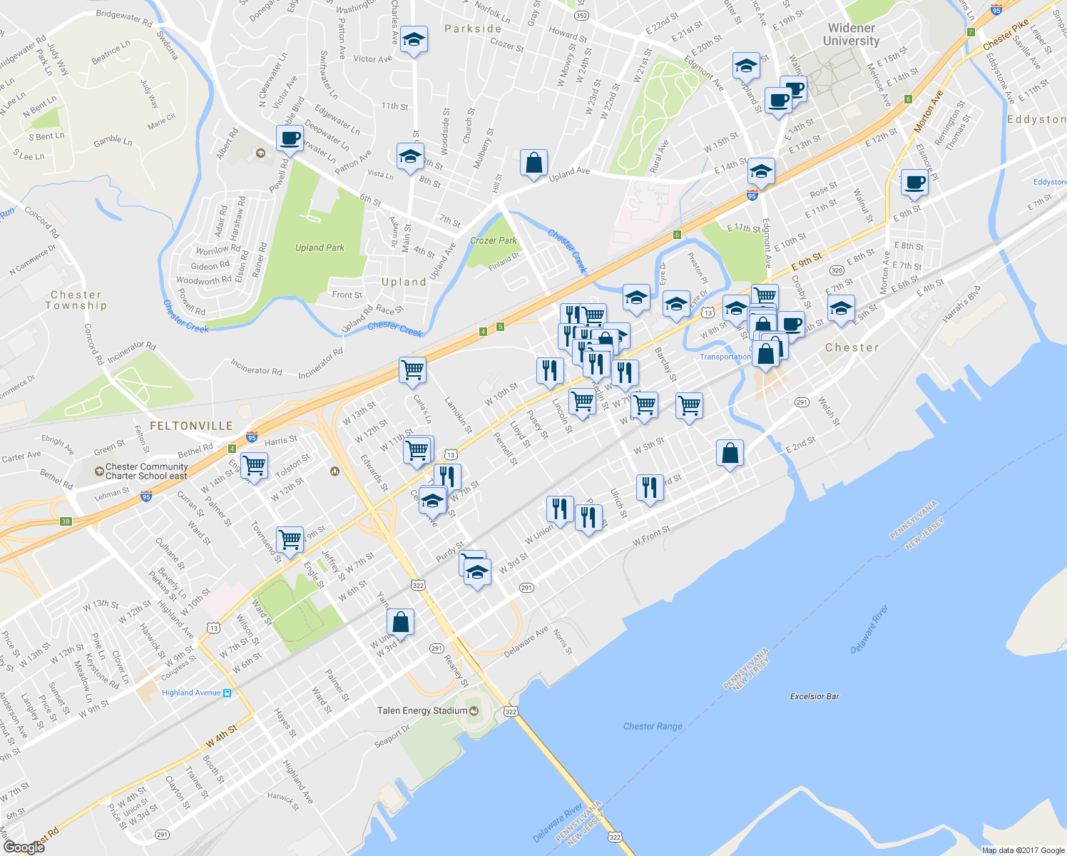 map of restaurants, bars, coffee shops, grocery stores, and more near 1013 West 8th Street in Chester