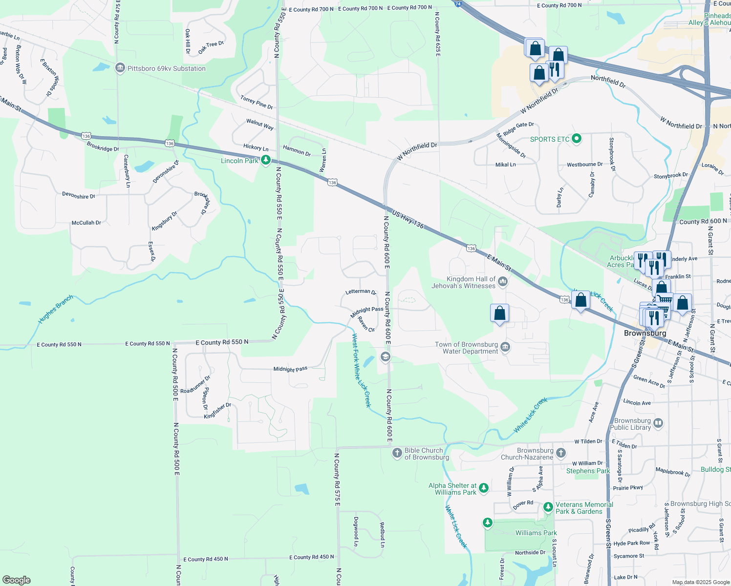 map of restaurants, bars, coffee shops, grocery stores, and more near 418 Letterman Drive in Brownsburg