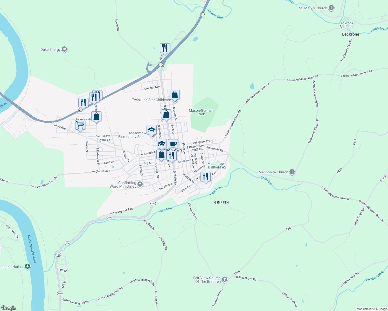 map of restaurants, bars, coffee shops, grocery stores, and more near 14 Maple St in Masontown