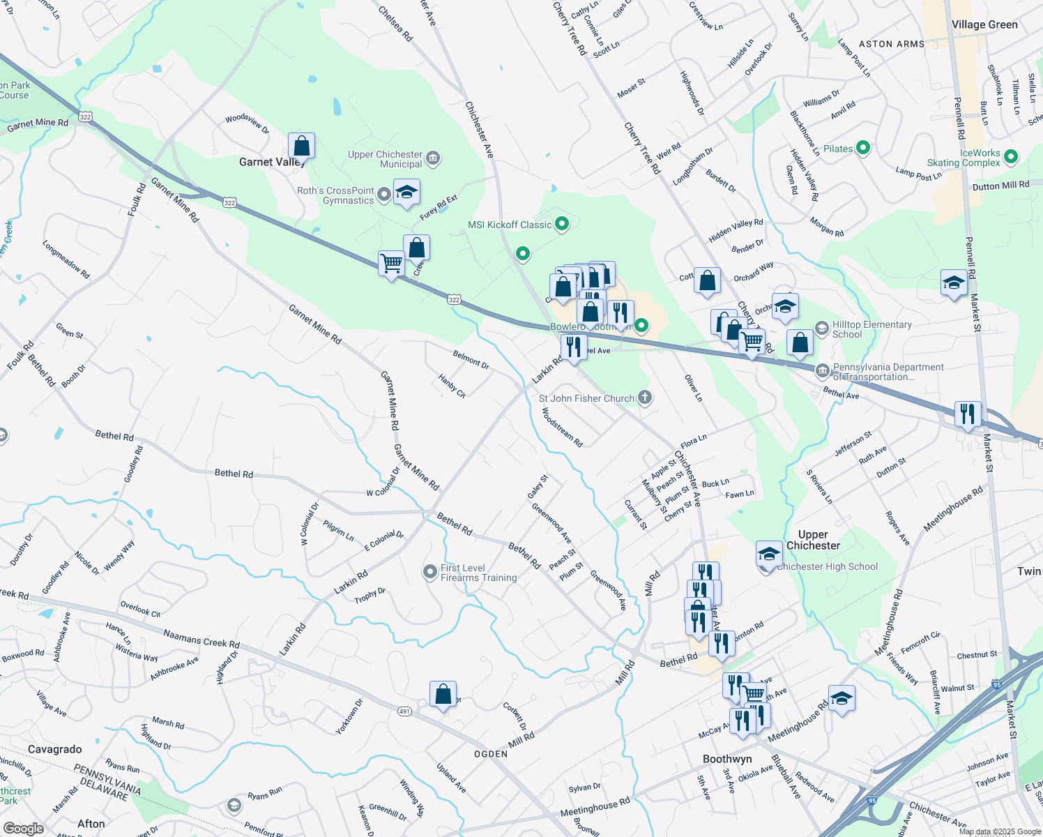 map of restaurants, bars, coffee shops, grocery stores, and more near 1675 Larkin Road in Boothwyn