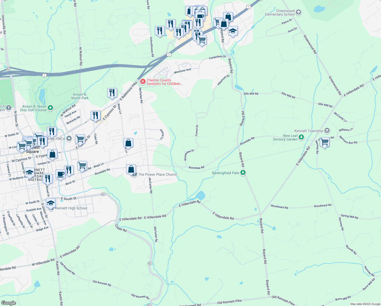 map of restaurants, bars, coffee shops, grocery stores, and more near 100 Woodview Drive in Kennett Square