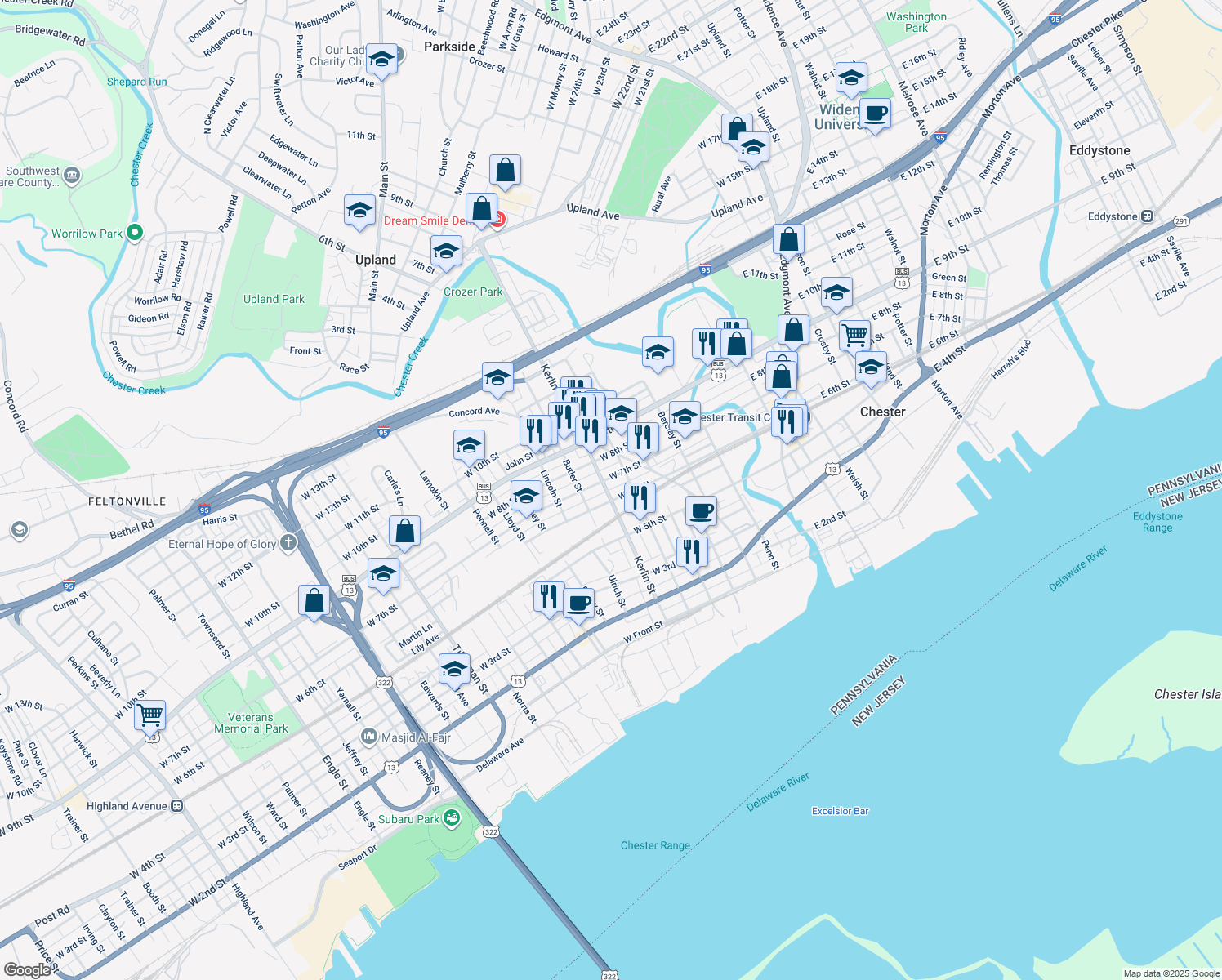 map of restaurants, bars, coffee shops, grocery stores, and more near 607 Kerlin Street in Chester
