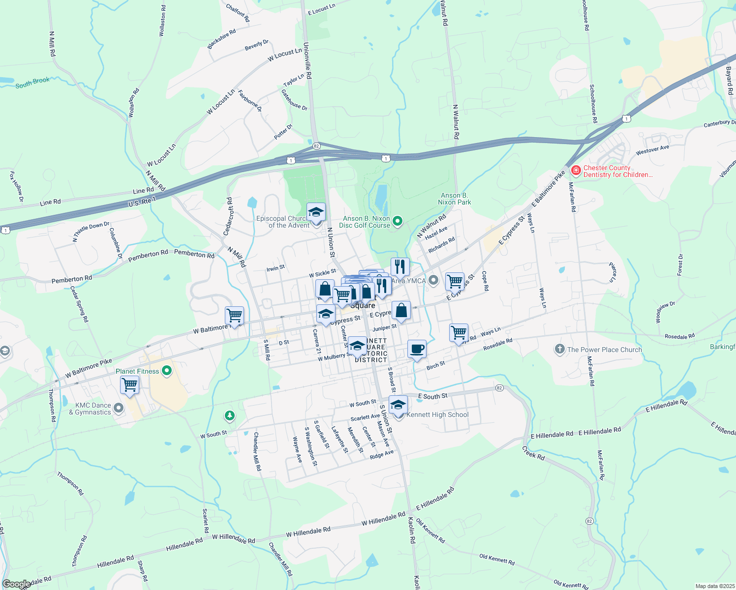 map of restaurants, bars, coffee shops, grocery stores, and more near 123 East State Street in Kennett Square