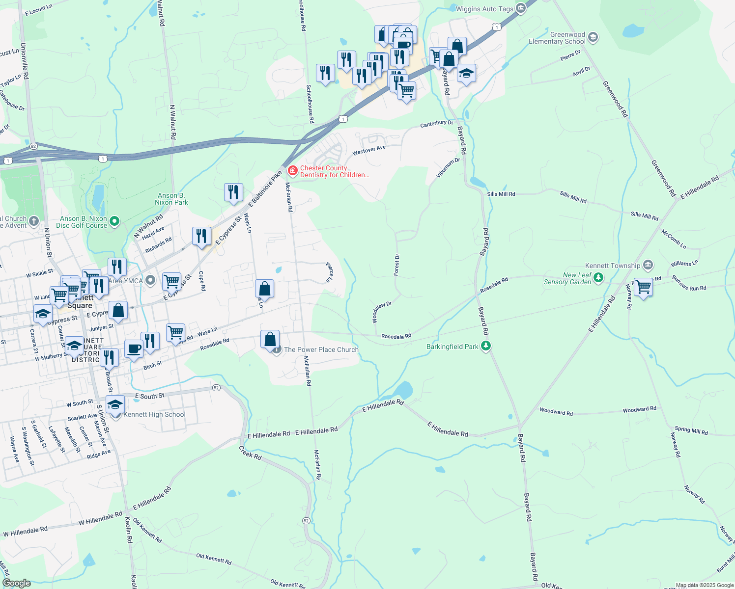 map of restaurants, bars, coffee shops, grocery stores, and more near 104 Richardsons Brook Drive in Kennett Square
