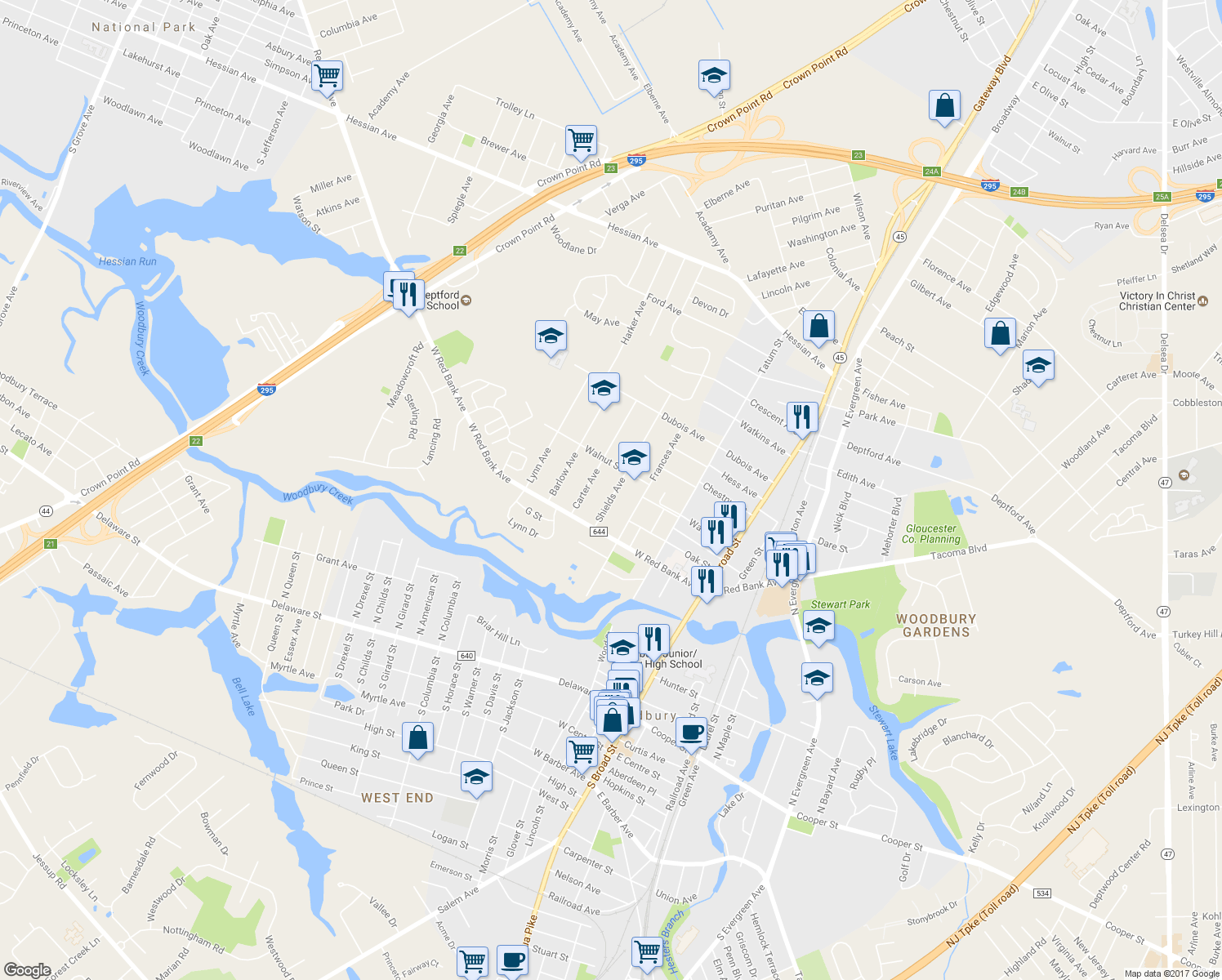 map of restaurants, bars, coffee shops, grocery stores, and more near 587 Shields Avenue in Woodbury