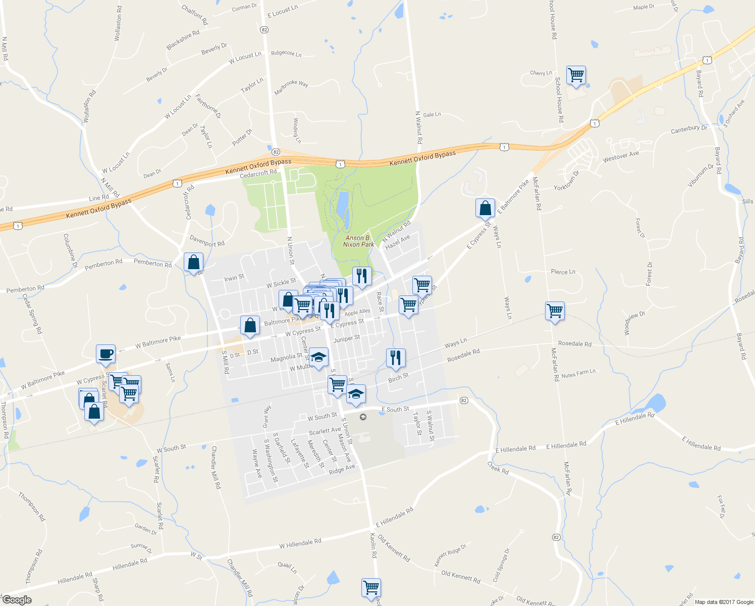 map of restaurants, bars, coffee shops, grocery stores, and more near 118 Race Street in Kennett Square