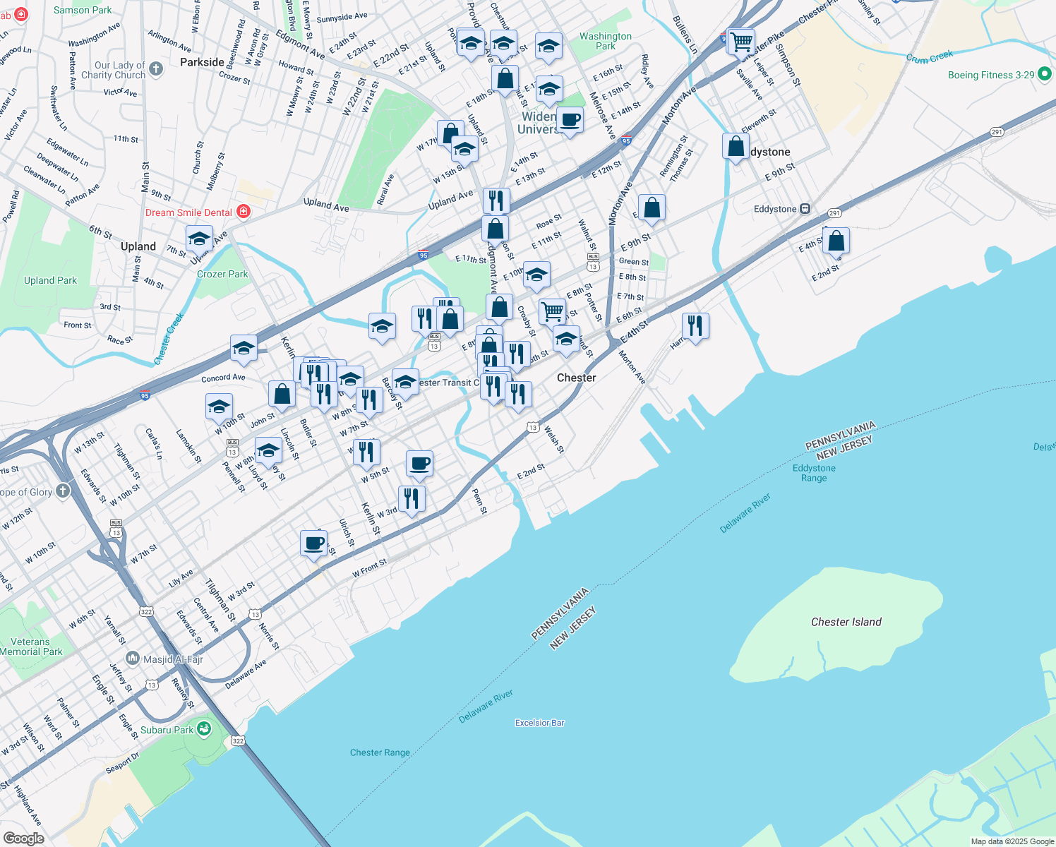 map of restaurants, bars, coffee shops, grocery stores, and more near 10-18 East 3rd Street in Chester