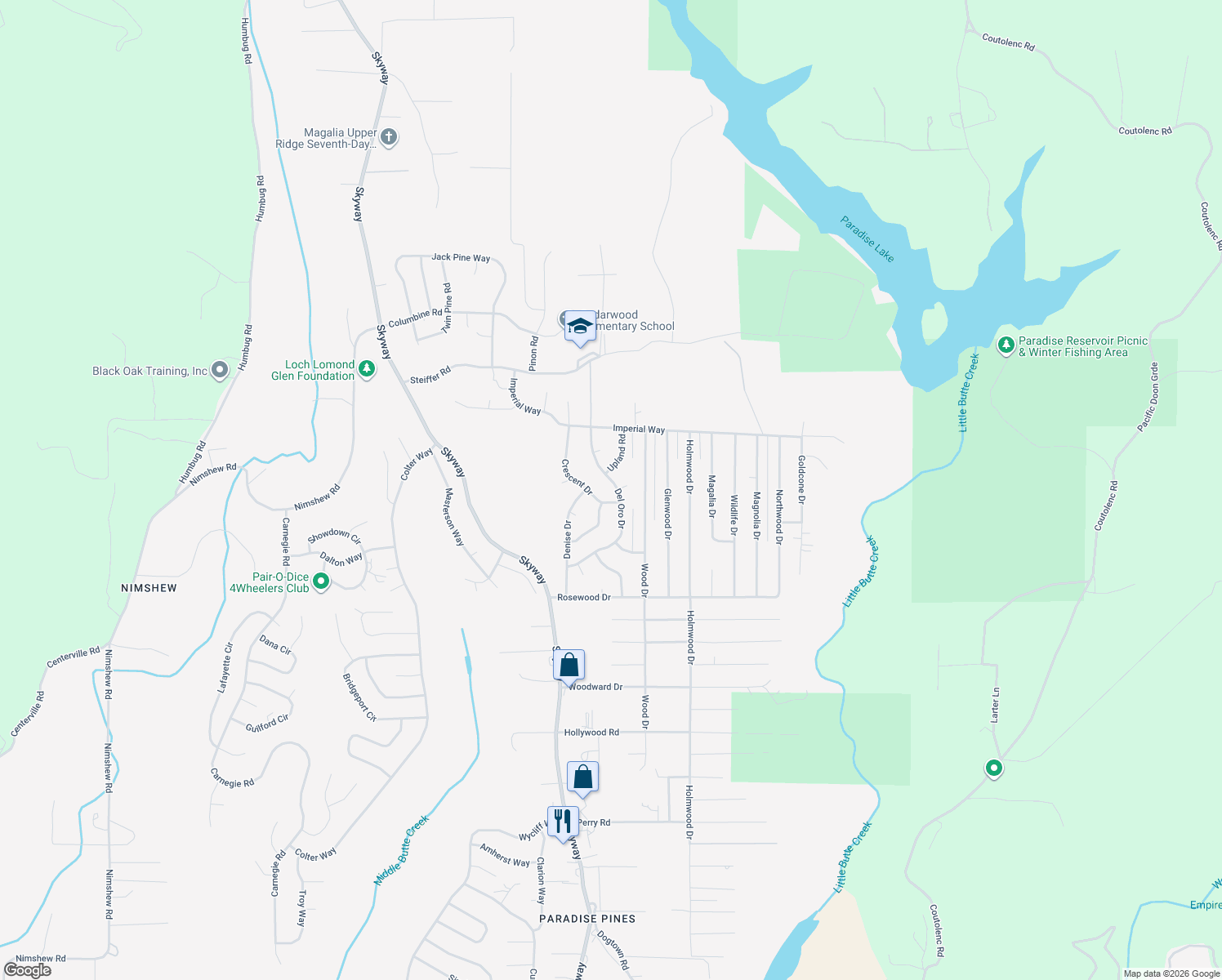 map of restaurants, bars, coffee shops, grocery stores, and more near 14825 Del Oro Drive in Magalia