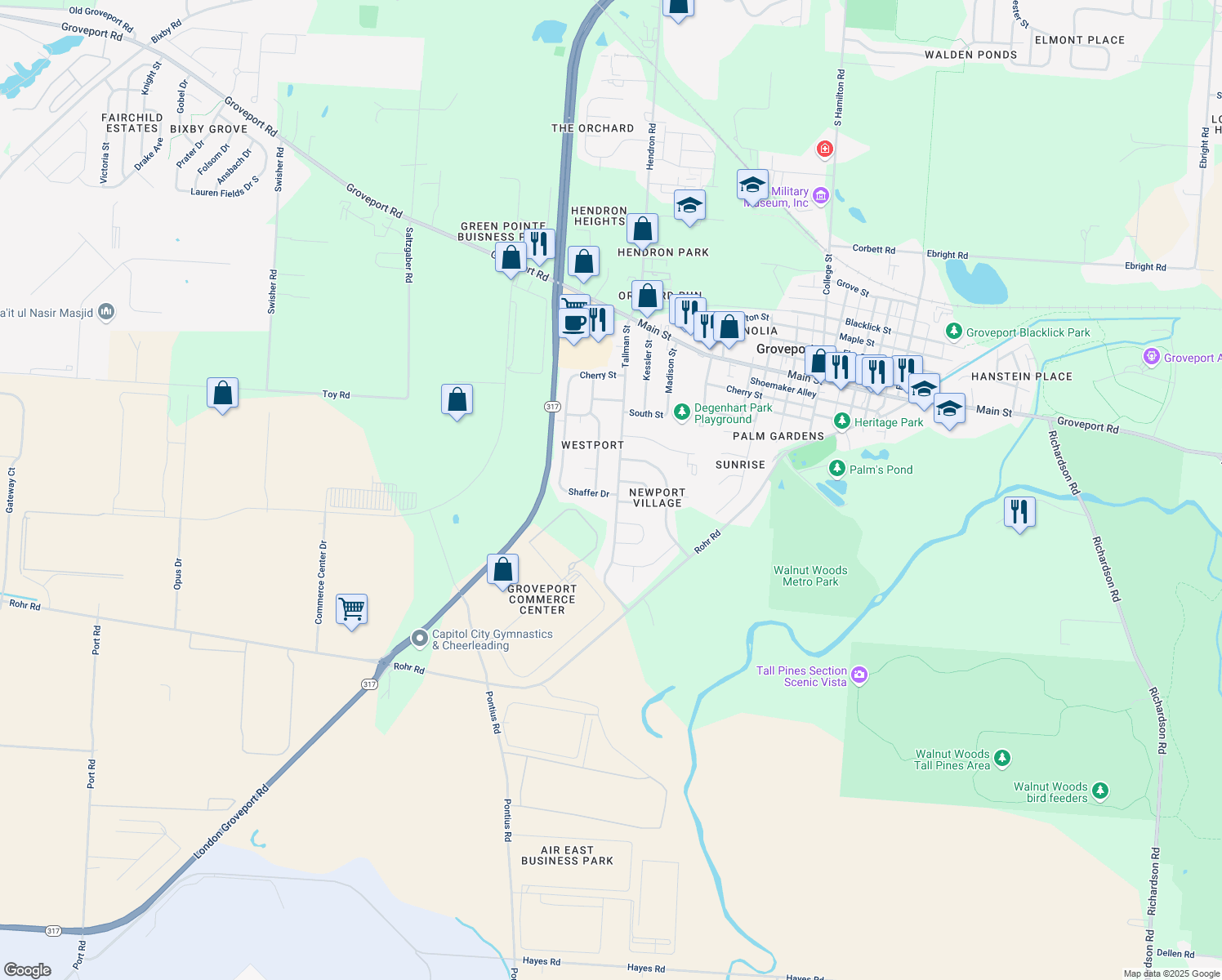 map of restaurants, bars, coffee shops, grocery stores, and more near 487 Tallman St in Groveport
